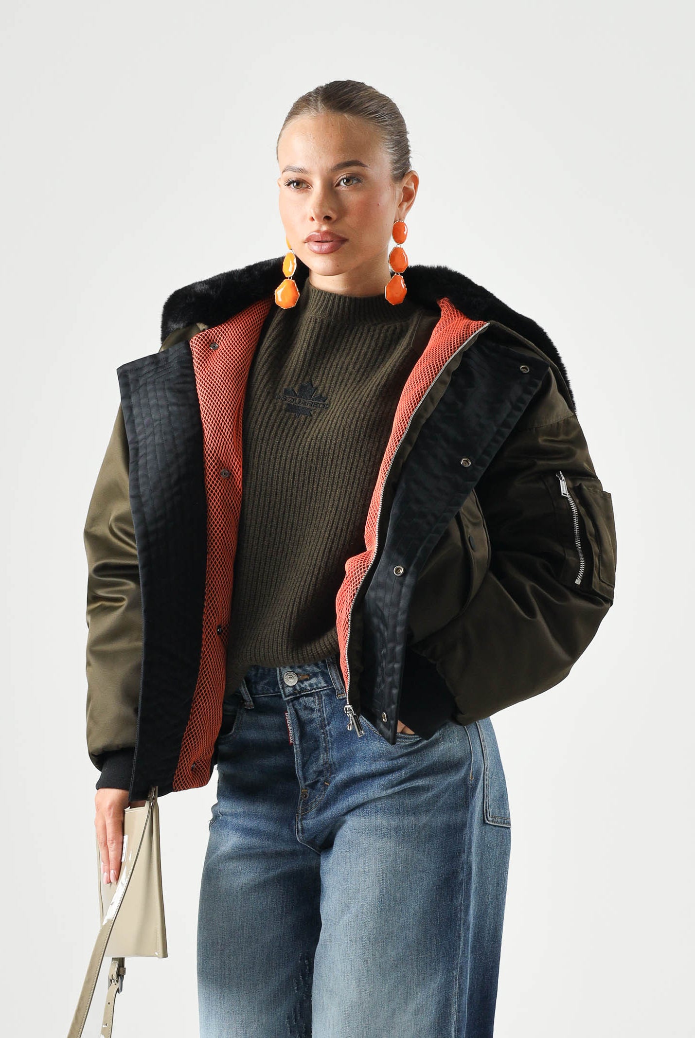 DSQUARED2 Bomber tarmac green per donna, ragazzi e bambini con collo in eco-pelliccia DQ3412D0AIB DQ558 DSQUARED2
