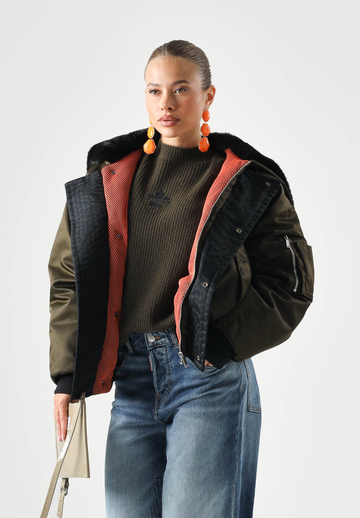 DSQUARED2 Bomber tarmac green per donna, ragazzi e bambini con collo in eco-pelliccia DQ3412D0AIB DQ558 DSQUARED2