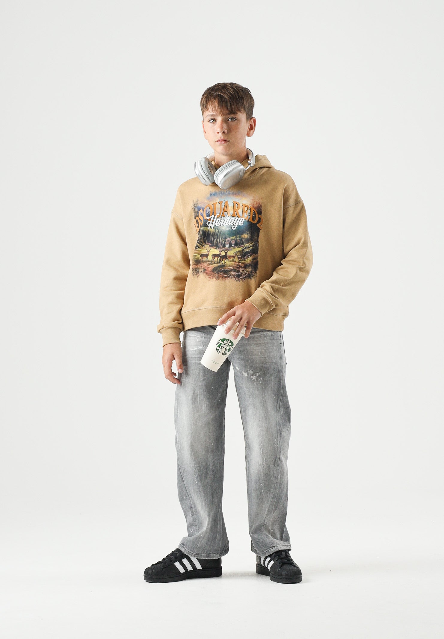 DSQUARED2 Felpa con cappuccio lark-beige per donna, ragazzi e bambini con stampa paesaggio frontale DQ3420D0AIS DQ776 DSQUARED2