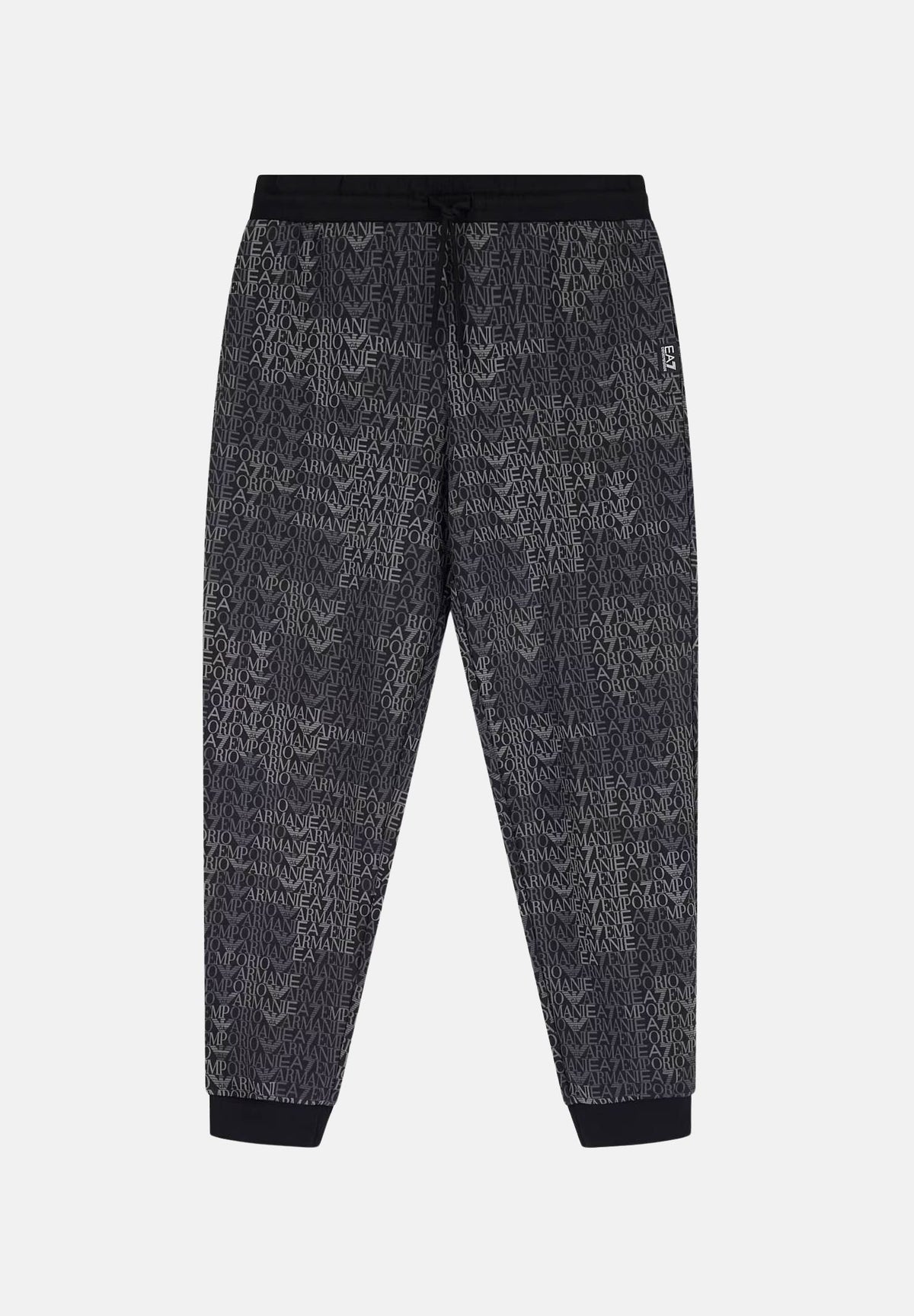 EA7 Pantaloni logo-print neri per uomo con stampa logo all over e coulisse in vita. 7M002207AF12660 FC099 EA7