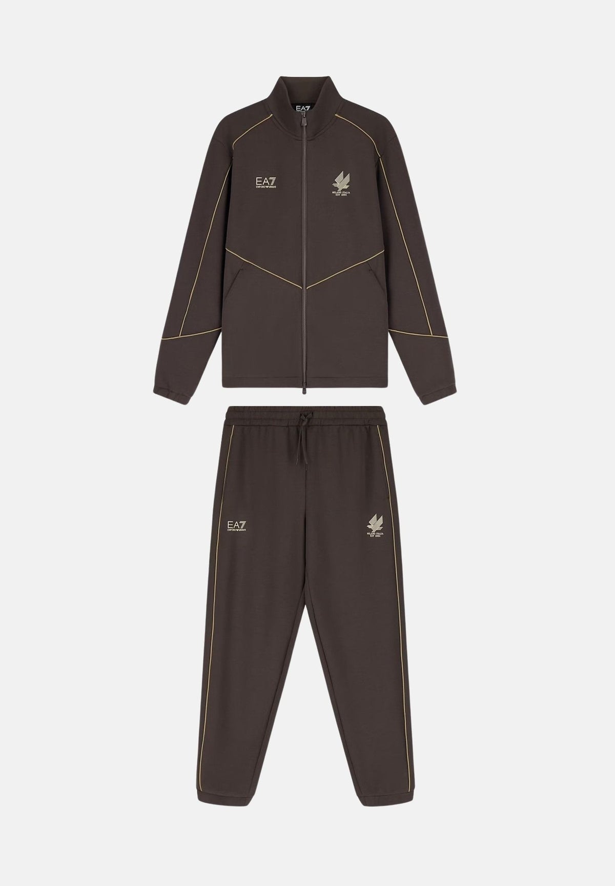 EA7 Tuta sportiva marrone per uomo con piping a contrasto, giacca con zip e pantaloni jogger. 7M002259AF21491 U6027 EA7