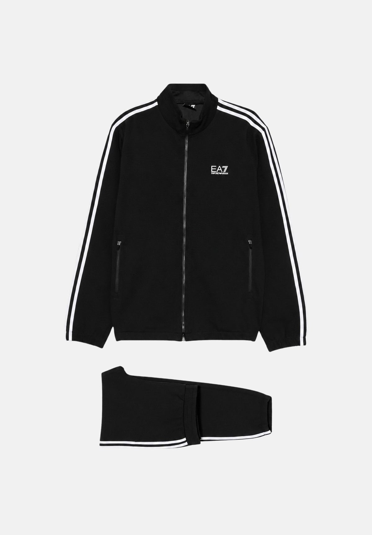 EA7 Tuta sportiva nera da uomo con felpa full zip, pantaloni coordinati e bande logate a contrasto. 7M002505AF12948 FC039 EA7