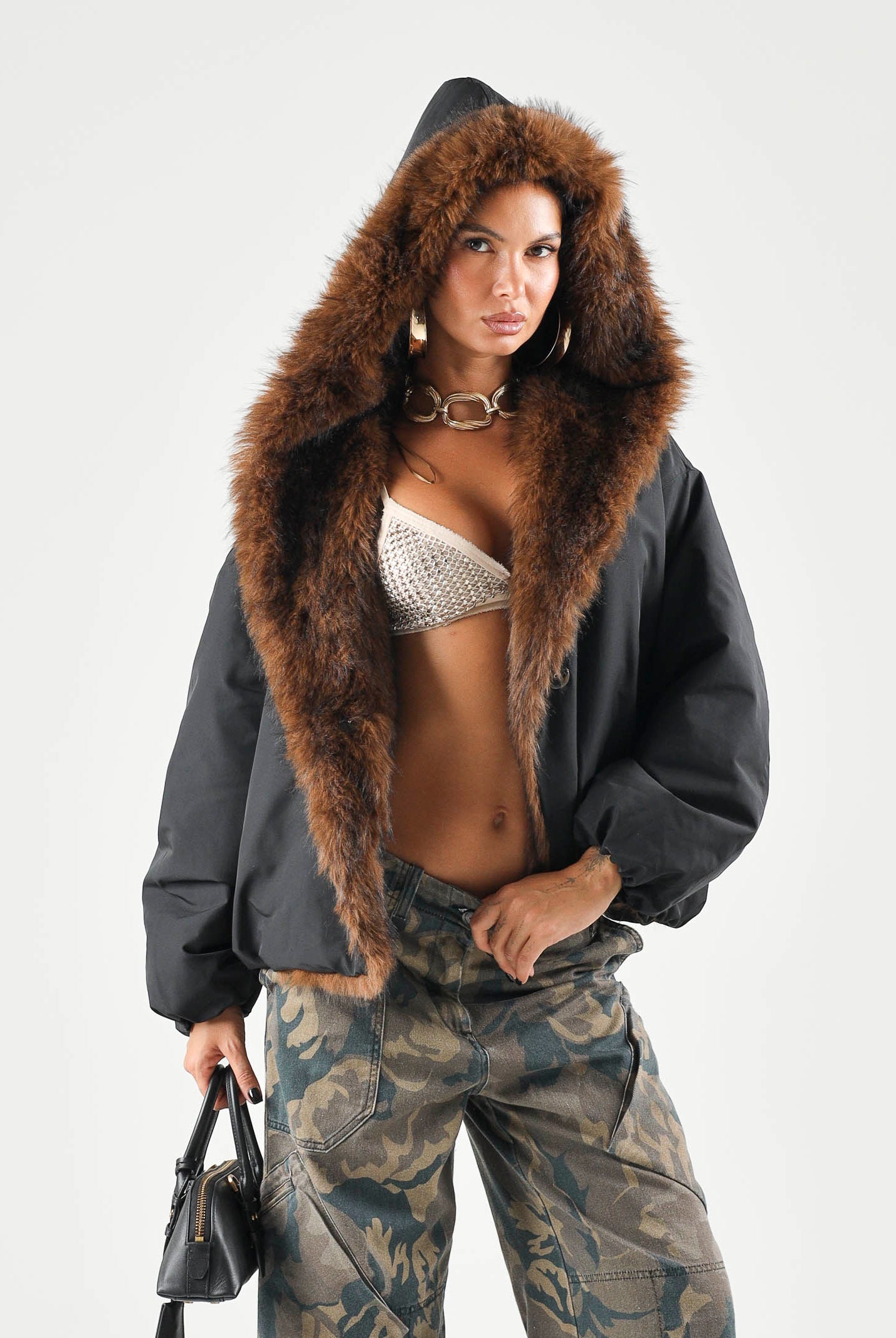 ELEH Bomber nero da donna con pellicciotto EFW260126 001 ELEH