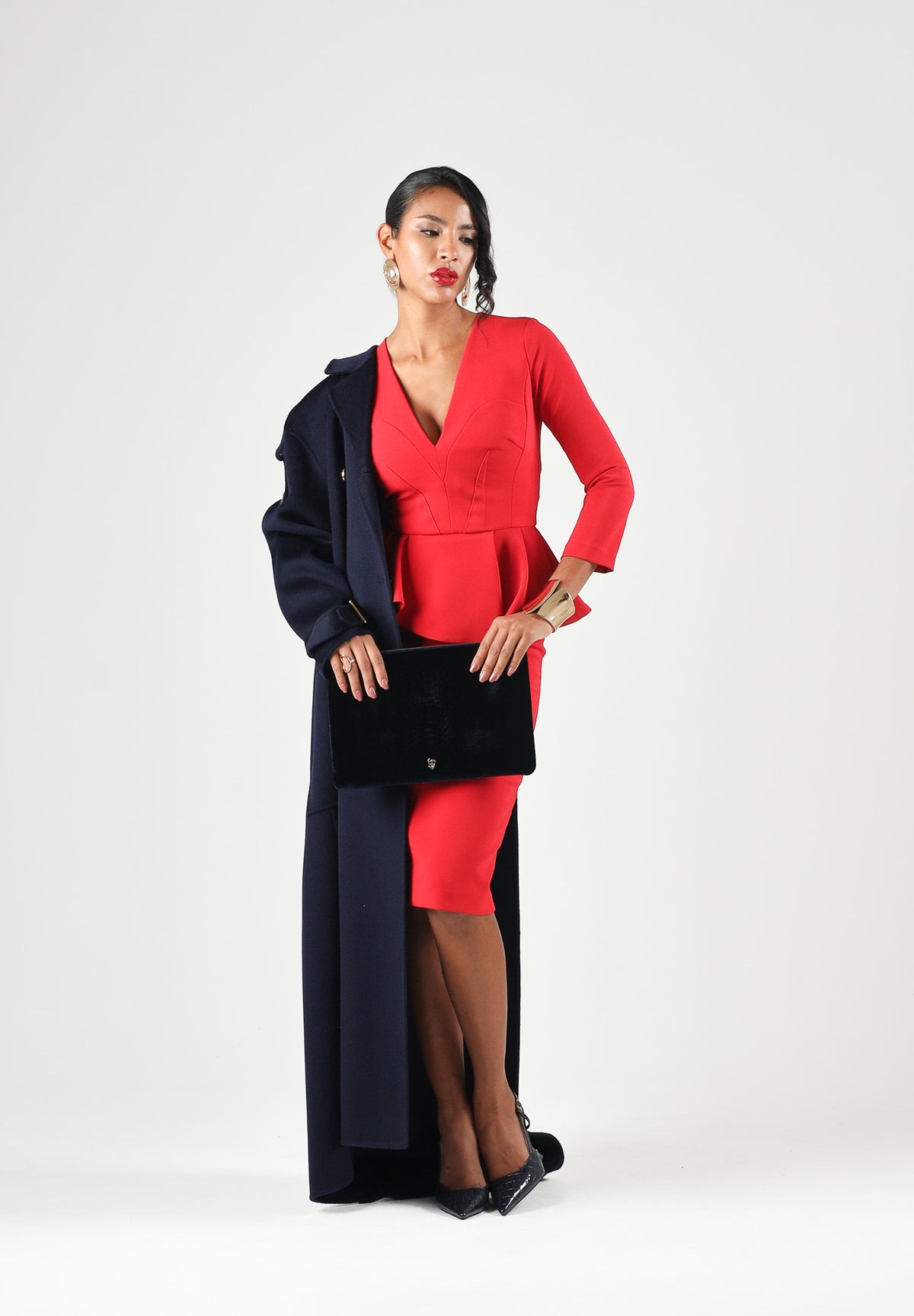 ELISABETTA FRANCHI Abito midi red passion rosso da donna con scollo a V, peplum asimmetrico AB01067E2 CG5 ELISABETTA FRANCHI
