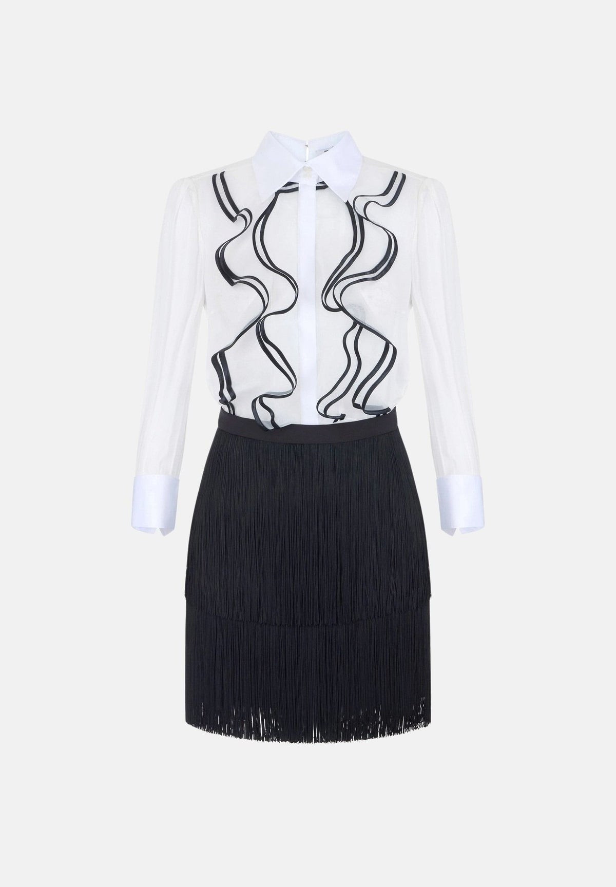 ELISABETTA FRANCHI Abito corto avorio-nero per donna con corpetto stampato e gonna corta con frange. AB02267E2 309 ELISABETTA FRANCHI