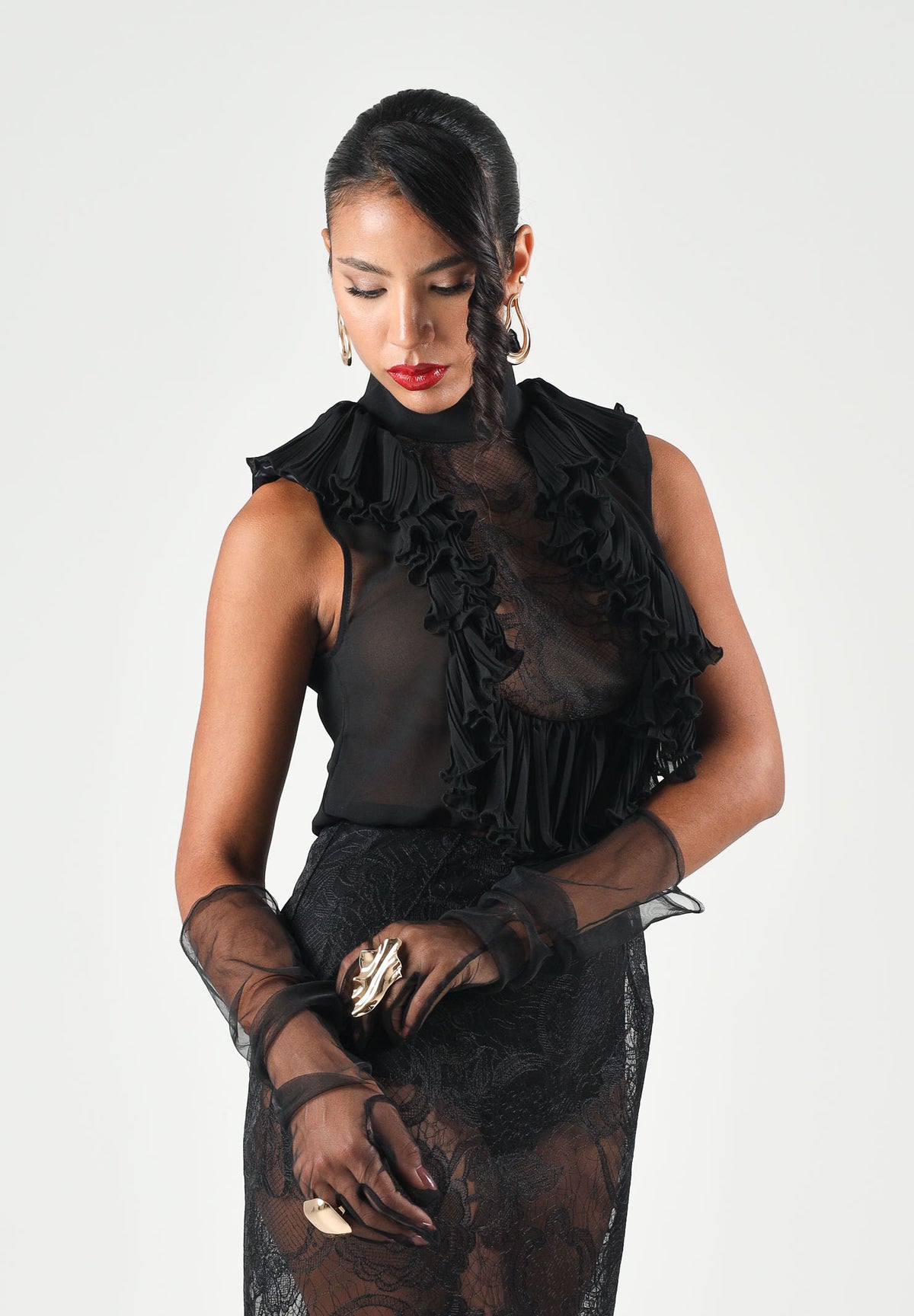 ELISABETTA FRANCHI Abito midi in georgette e pizzo nero da donna AB03567E2 110 ELISABETTA FRANCHI