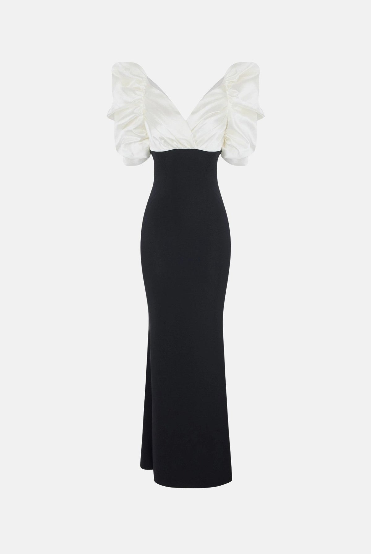 ELISABETTA FRANCHI Abito lungo avorio-nero per donna con corpetto bicolore e maniche strutturate a sbuffo ABR0967E2 309 ELISABETTA FRANCHI