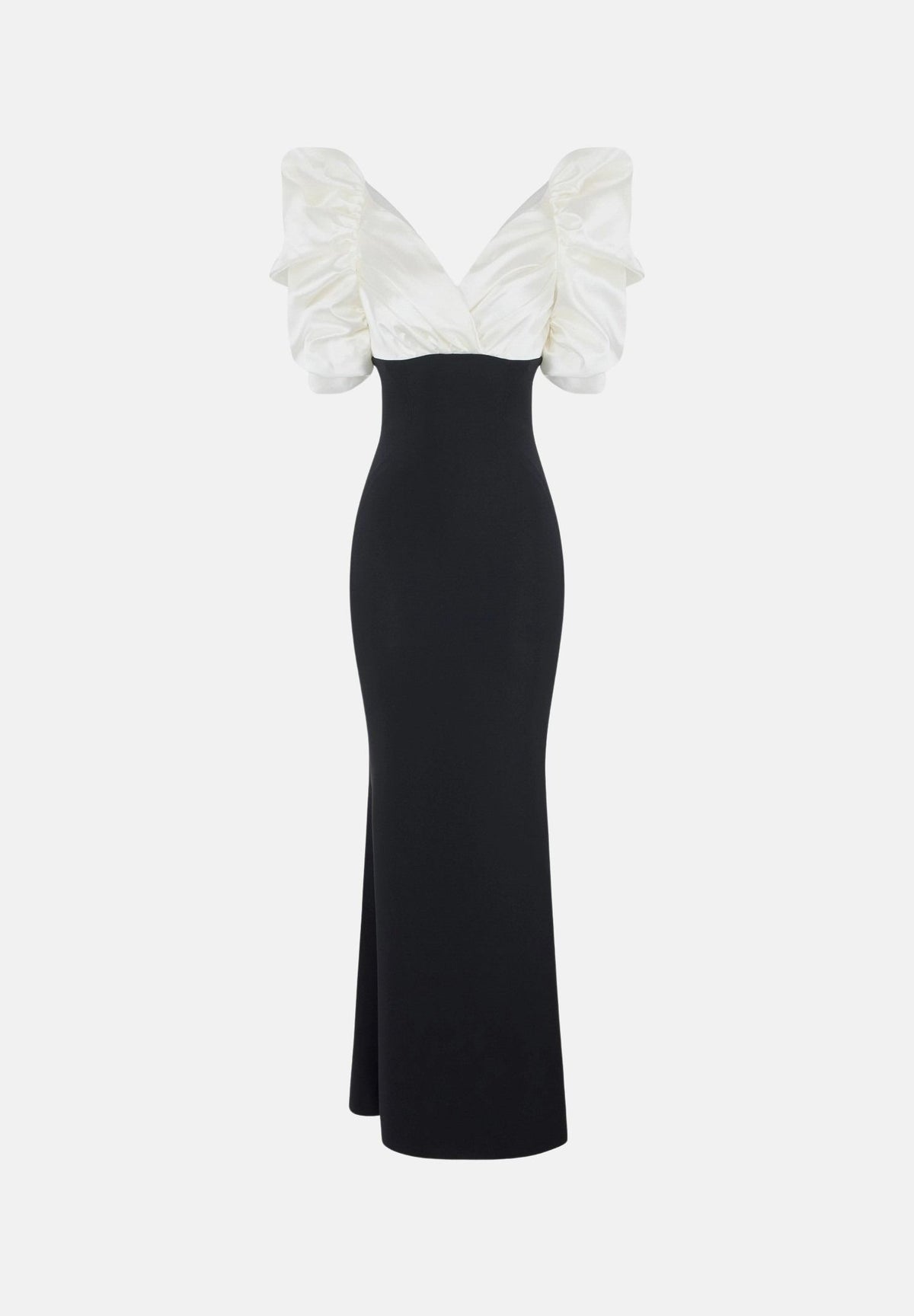 ELISABETTA FRANCHI Abito lungo avorio-nero per donna con corpetto bicolore e maniche strutturate a sbuffo ABR0967E2 309 ELISABETTA FRANCHI
