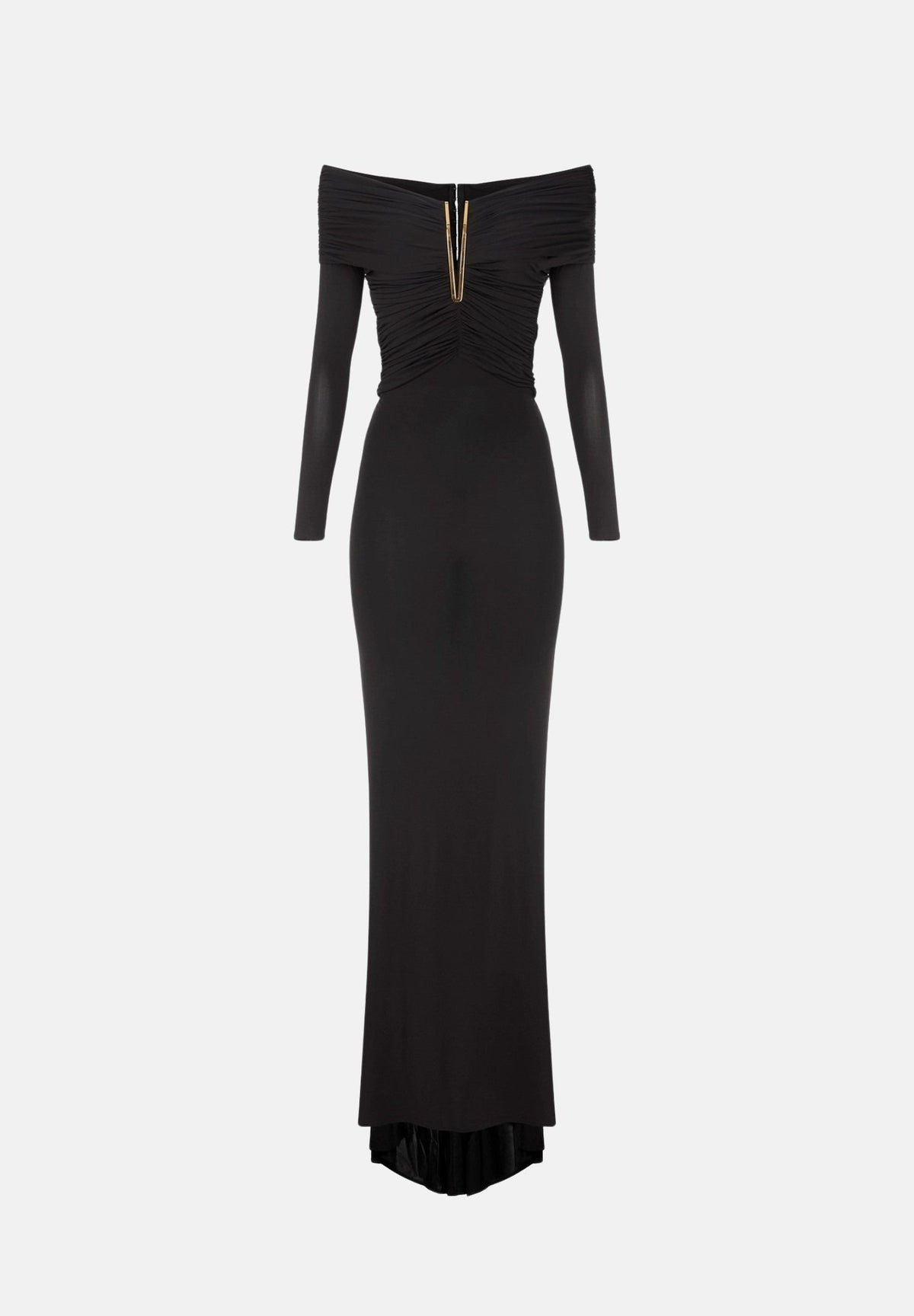 ELISABETTA FRANCHI Abito lungo nero per donna con raffinato scollo omerale, maniche lunghe e prezioso dettaglio gioiello. ABR2667E2 110 ELISABETTA FRANCHI