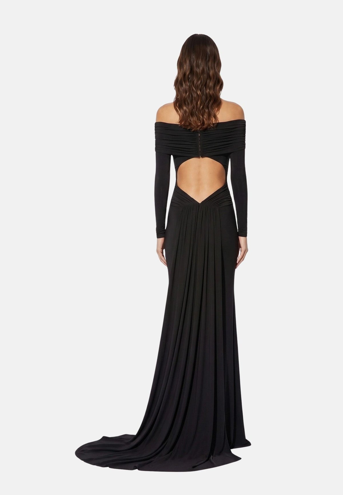 ELISABETTA FRANCHI Abito lungo nero per donna con raffinato scollo omerale, maniche lunghe e prezioso dettaglio gioiello. ABR2667E2 110 ELISABETTA FRANCHI