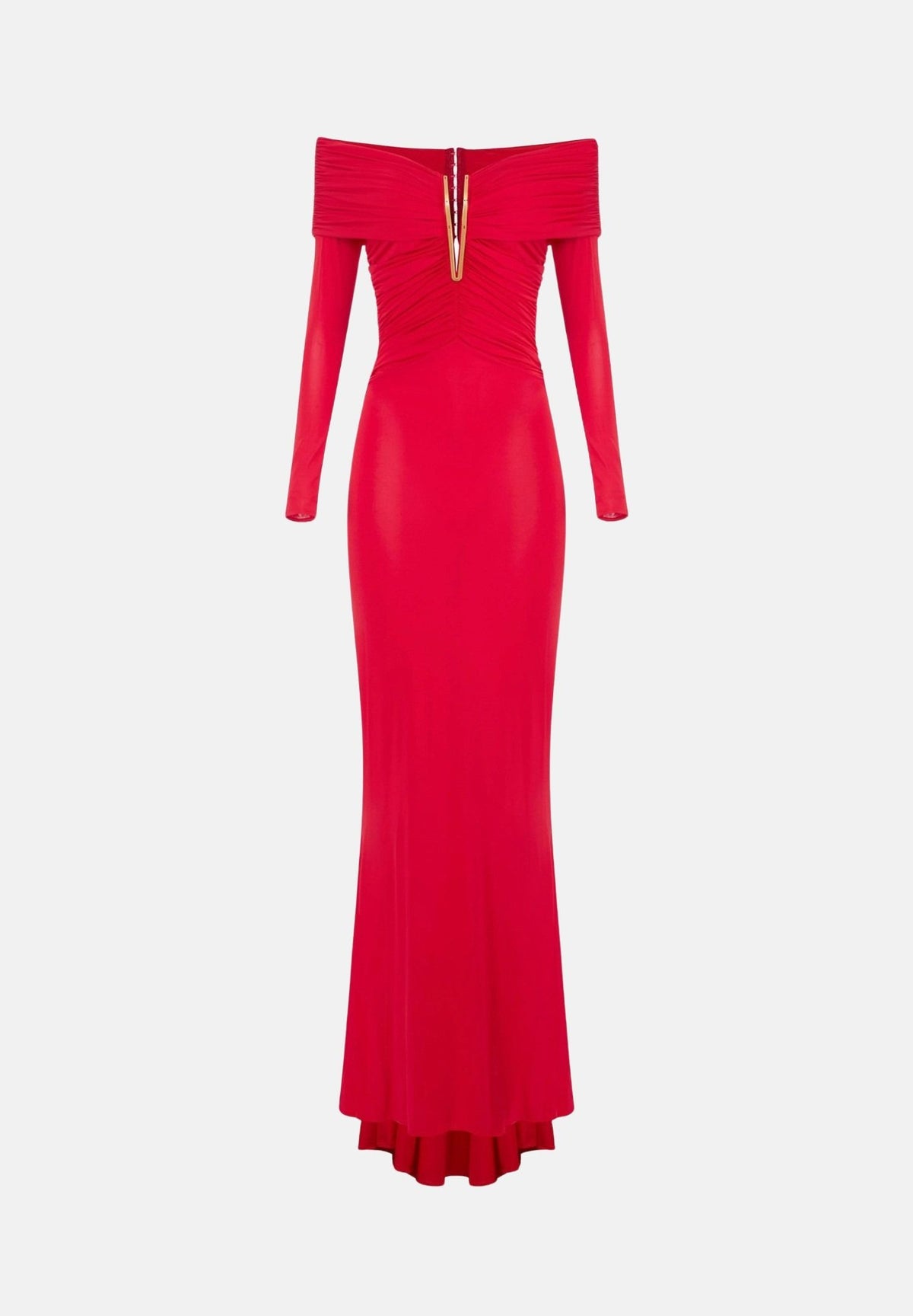 ELISABETTA FRANCHI Abito red passion rosso per donna con raffinato scollo omerale, maniche lunghe e prezioso dettaglio gioiello. ABR2667E2 CG5 ELISABETTA FRANCHI