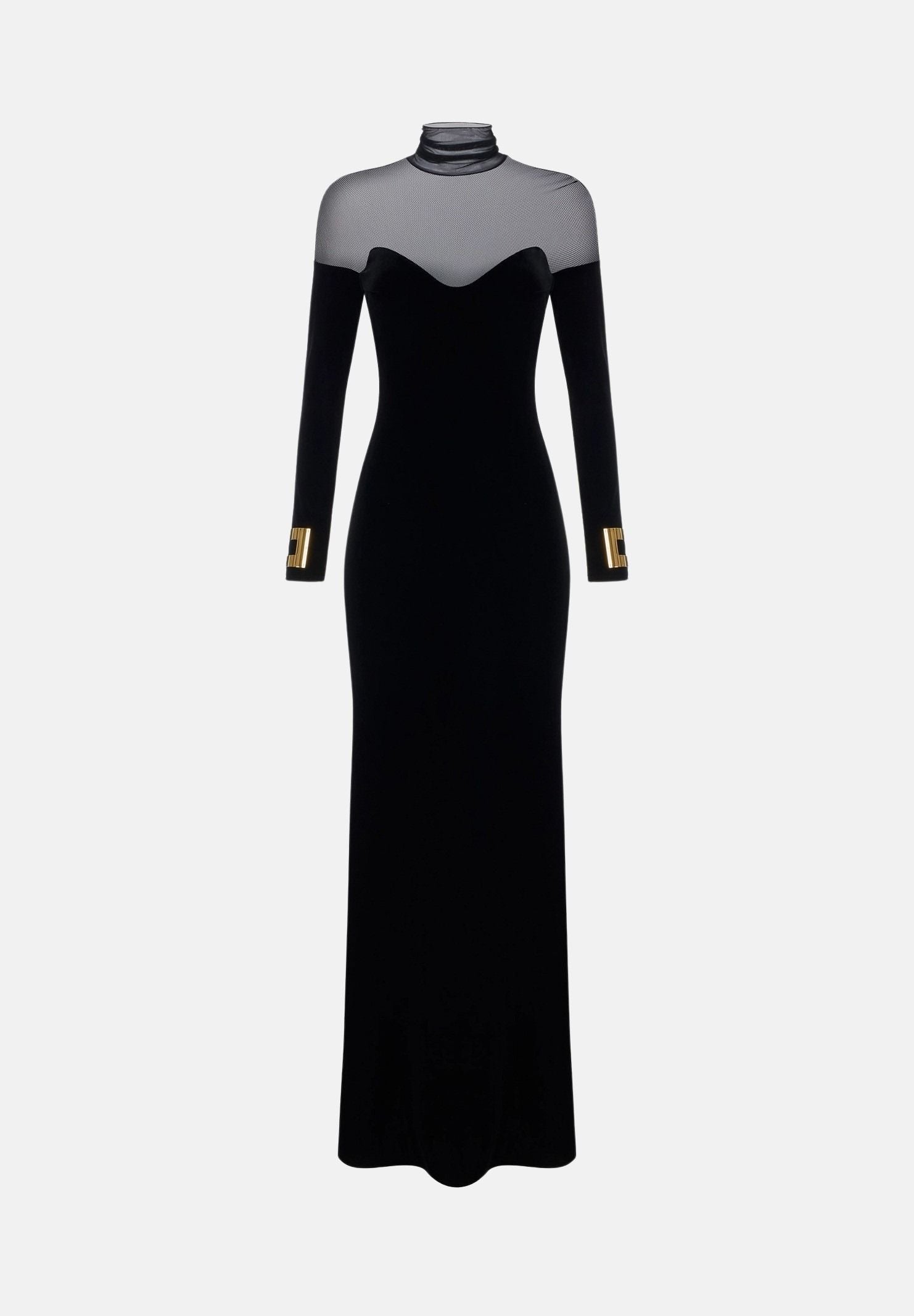 ELISABETTA FRANCHI Abito lungo nero per donna con inserti trasparenti in tulle e dettagli preziosi sui polsi. ABR2967E2 110 ELISABETTA FRANCHI