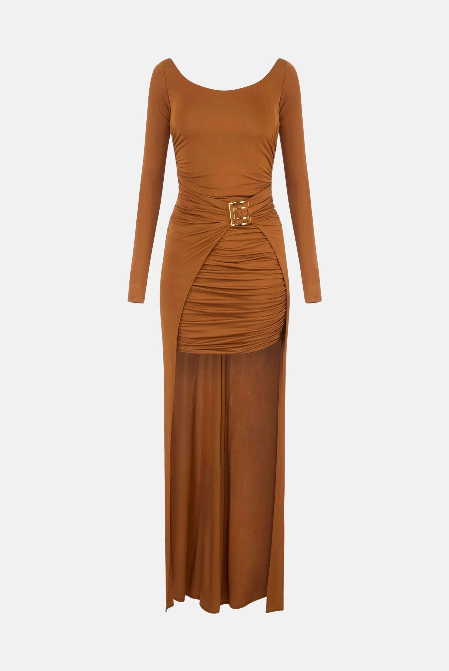 ELISABETTA FRANCHI Abito RED CARPET lungo sigaro-marrone da donna con drappeggio e scenografico pannello effetto coda<BR/> ABR3567E2 FK3 ELISABETTA FRANCHI