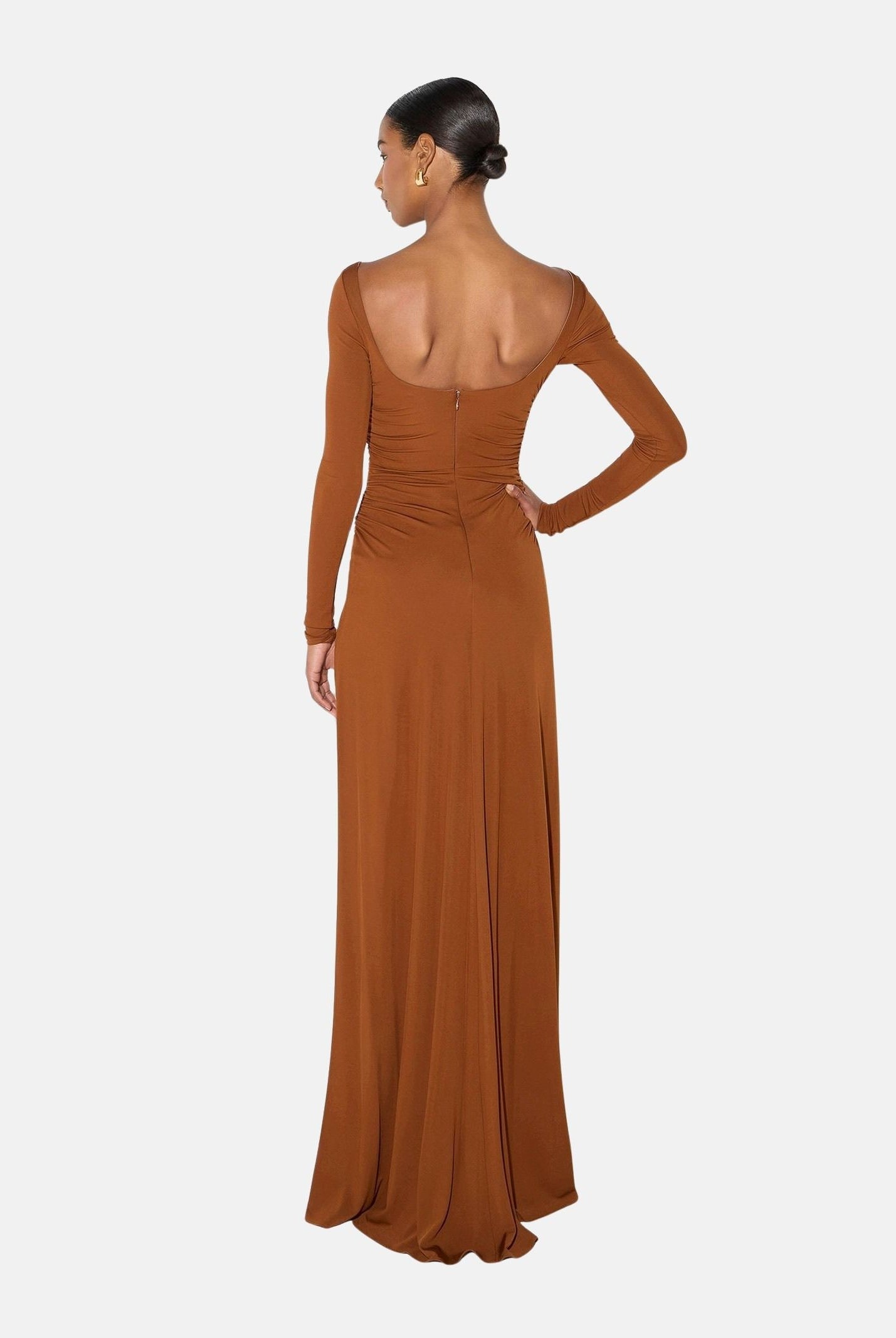 ELISABETTA FRANCHI Abito RED CARPET lungo sigaro-marrone da donna con drappeggio e scenografico pannello effetto coda<BR/> ABR3567E2 FK3 ELISABETTA FRANCHI