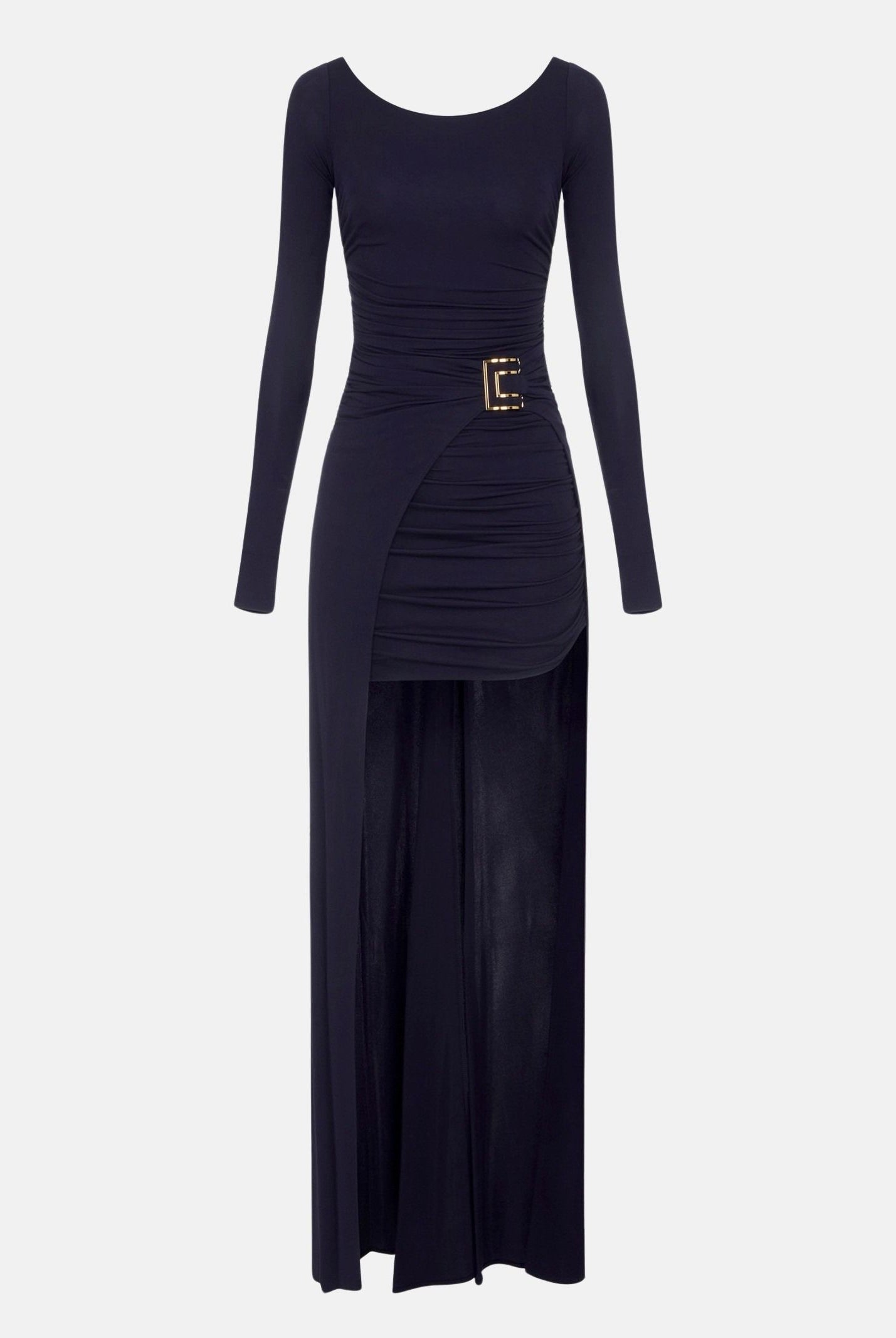 ELISABETTA FRANCHI Abito RED CARPET lungo blu notte da donna <BR/>con drappeggio e scenografico pannello effetto coda ABR3567E2 H88 ELISABETTA FRANCHI
