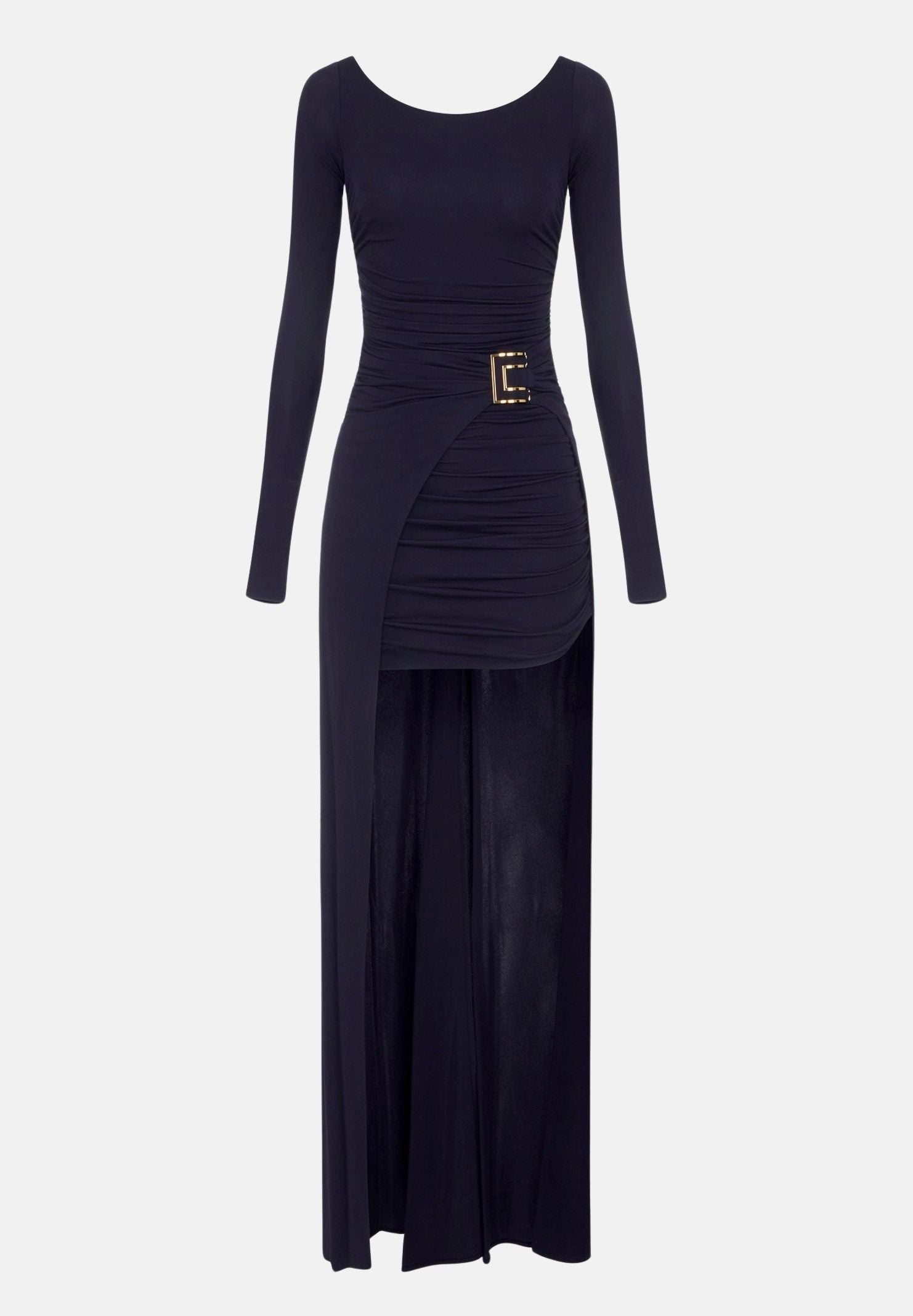 ELISABETTA FRANCHI Abito RED CARPET lungo blu notte da donna <BR/>con drappeggio e scenografico pannello effetto coda ABR3567E2 H88 ELISABETTA FRANCHI