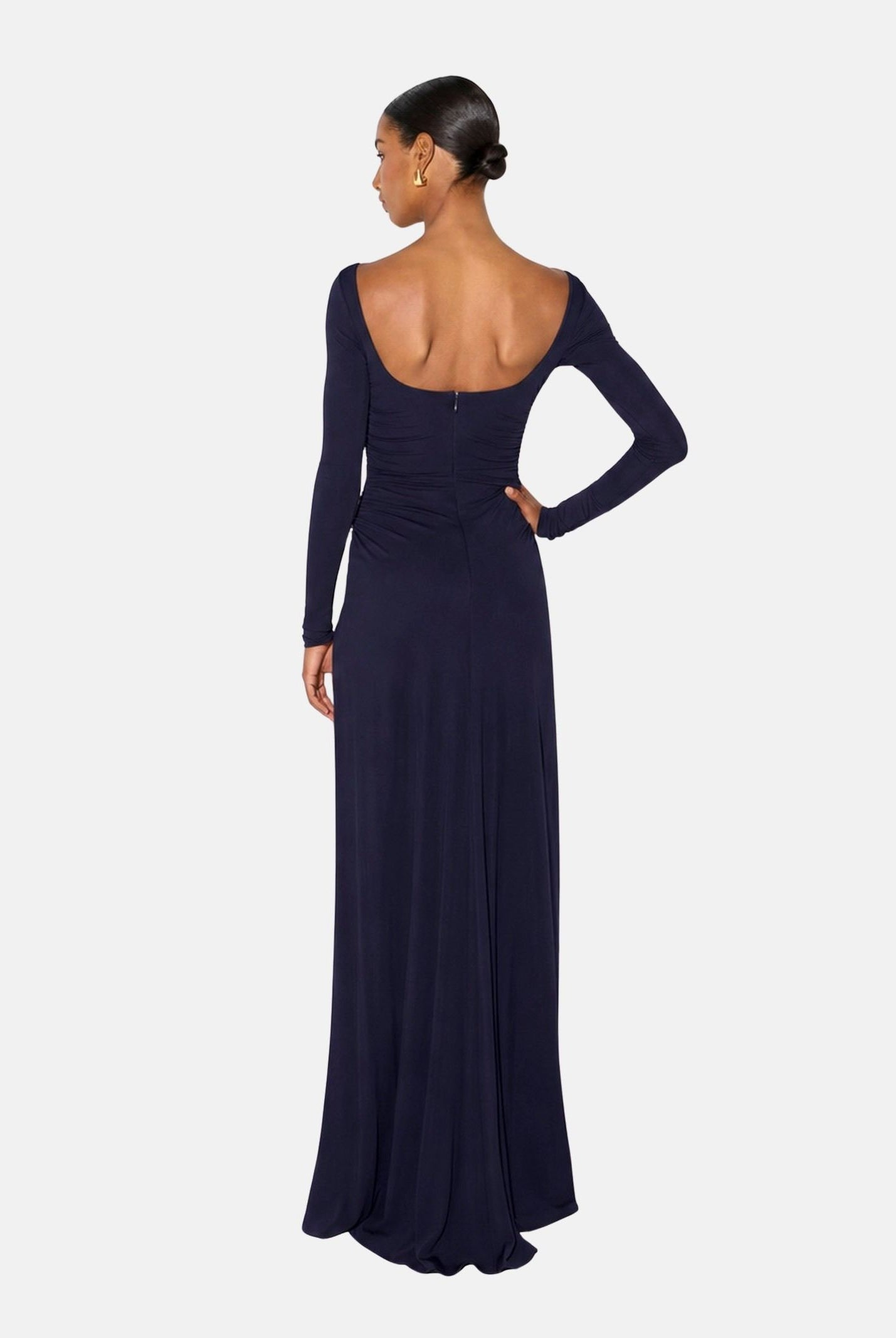 ELISABETTA FRANCHI Abito RED CARPET lungo blu notte da donna <BR/>con drappeggio e scenografico pannello effetto coda ABR3567E2 H88 ELISABETTA FRANCHI
