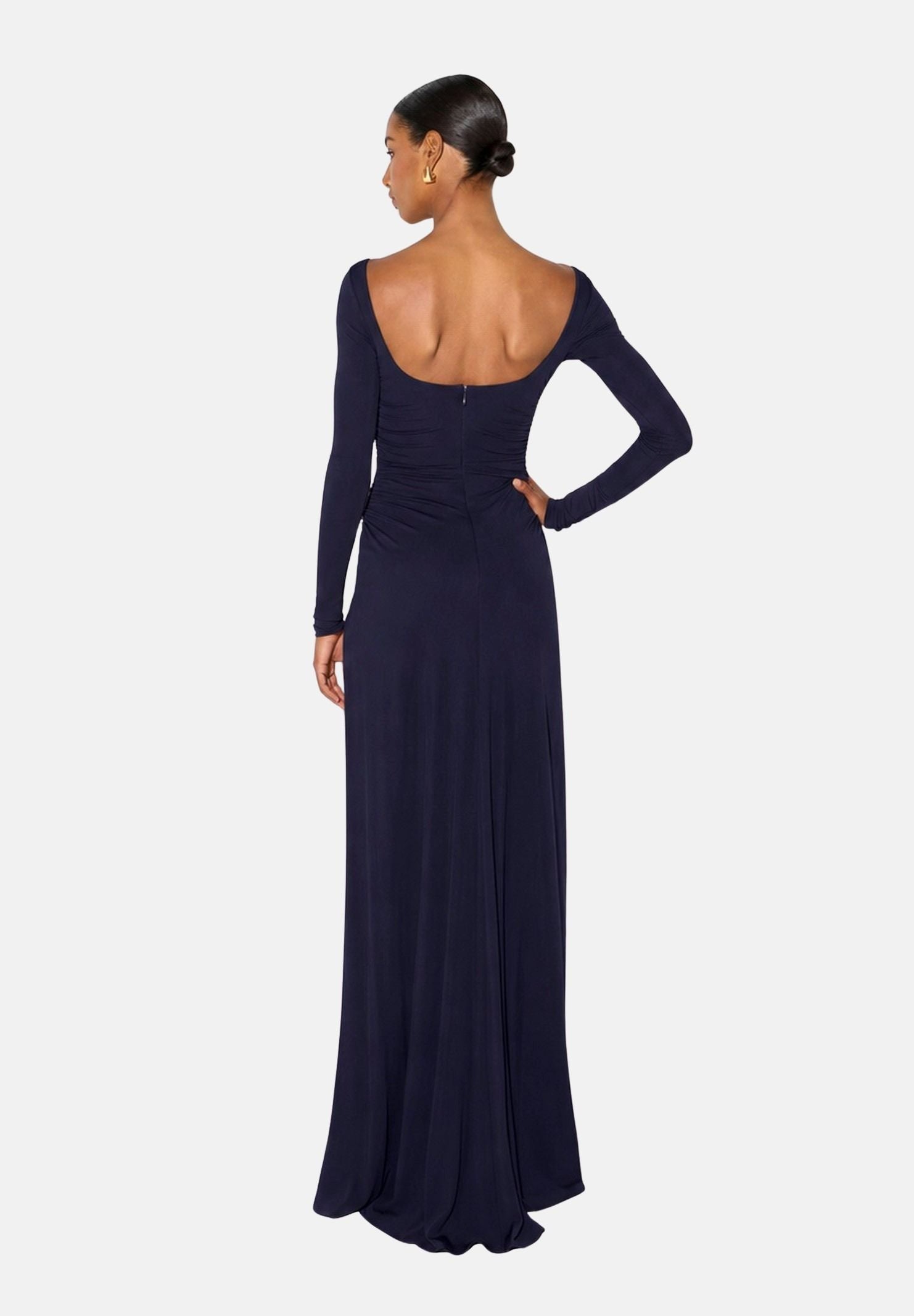 ELISABETTA FRANCHI Abito RED CARPET lungo blu notte da donna <BR/>con drappeggio e scenografico pannello effetto coda ABR3567E2 H88 ELISABETTA FRANCHI