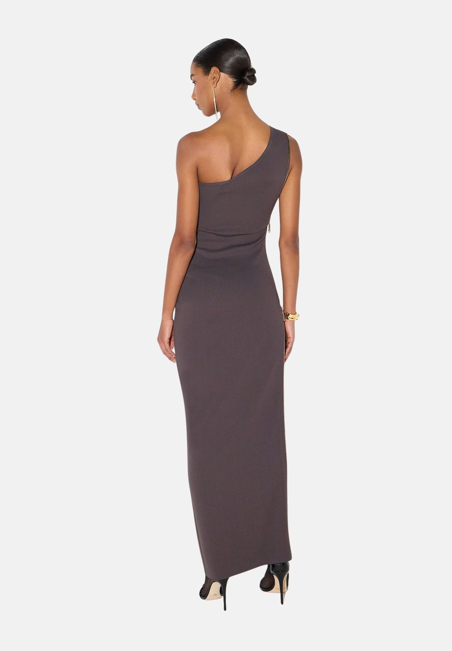 ELISABETTA FRANCHI Abito RED CARPET in maglia dark chocolate-marrone da donna con design monospalla <BR/> AM07B66E2 EV9 ELISABETTA FRANCHI