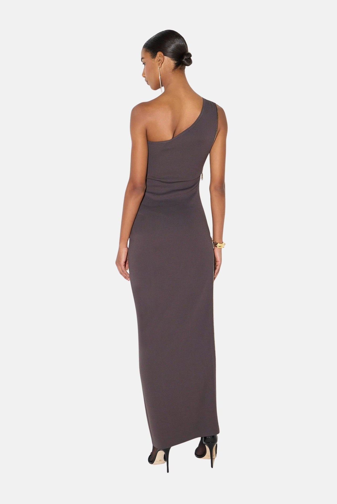 ELISABETTA FRANCHI Abito RED CARPET in maglia dark chocolate-marrone da donna con design monospalla <BR/> AM07B66E2 EV9 ELISABETTA FRANCHI