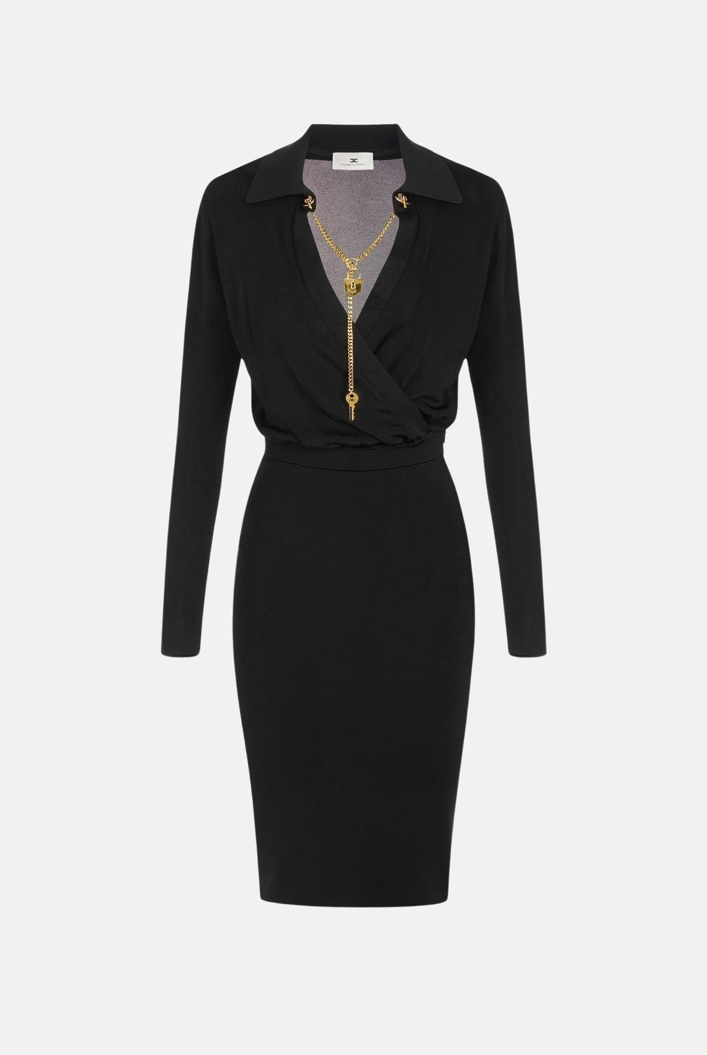 ELISABETTA FRANCHI Abito midi in filato di viscosa nero da donna con catena gioiello AM19S66E2 110 ELISABETTA FRANCHI