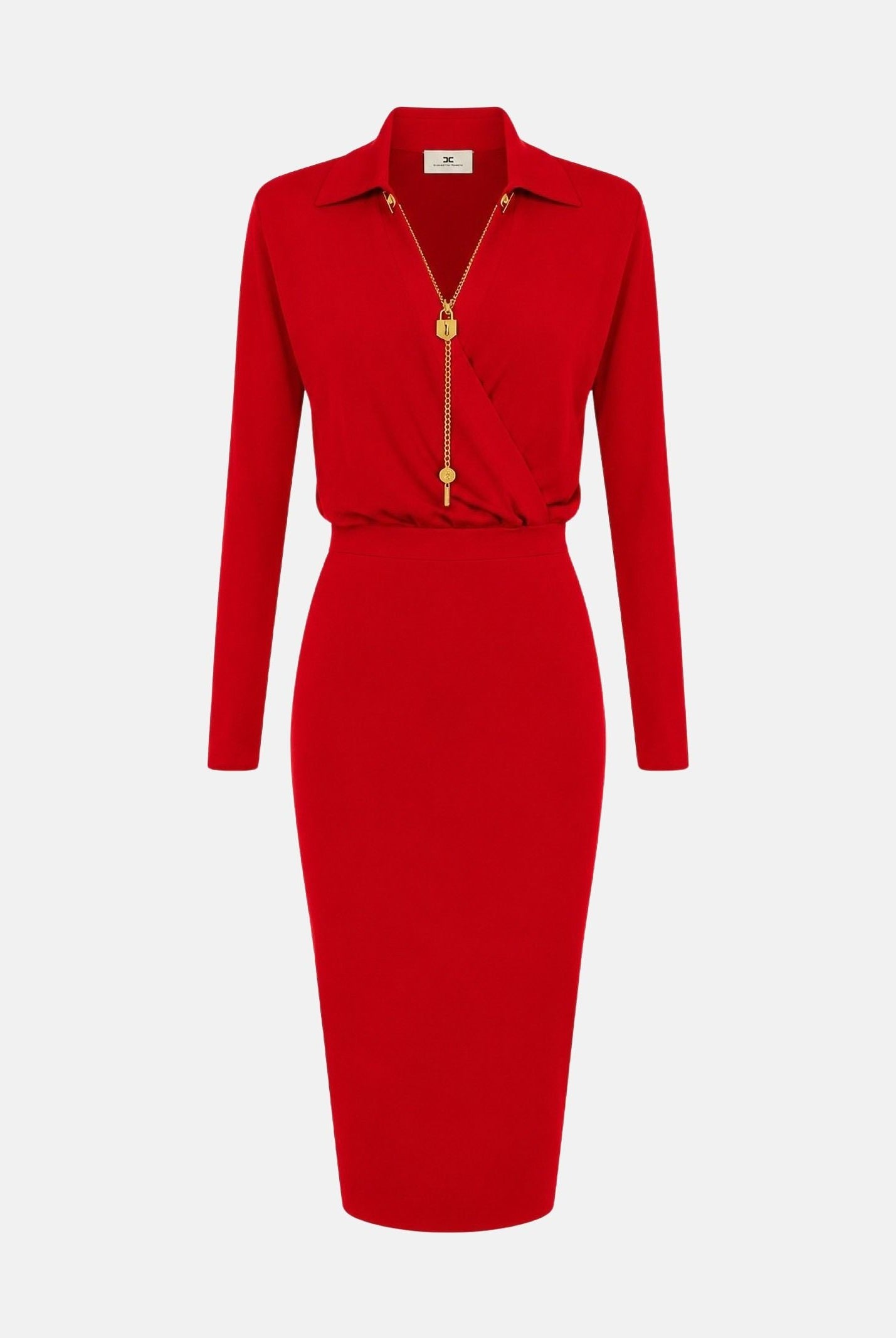 ELISABETTA FRANCHI Abito midi in filato di viscosa red passion, rosso, da donna con catena gioiello<BR/> AM19S66E2 CG5 ELISABETTA FRANCHI