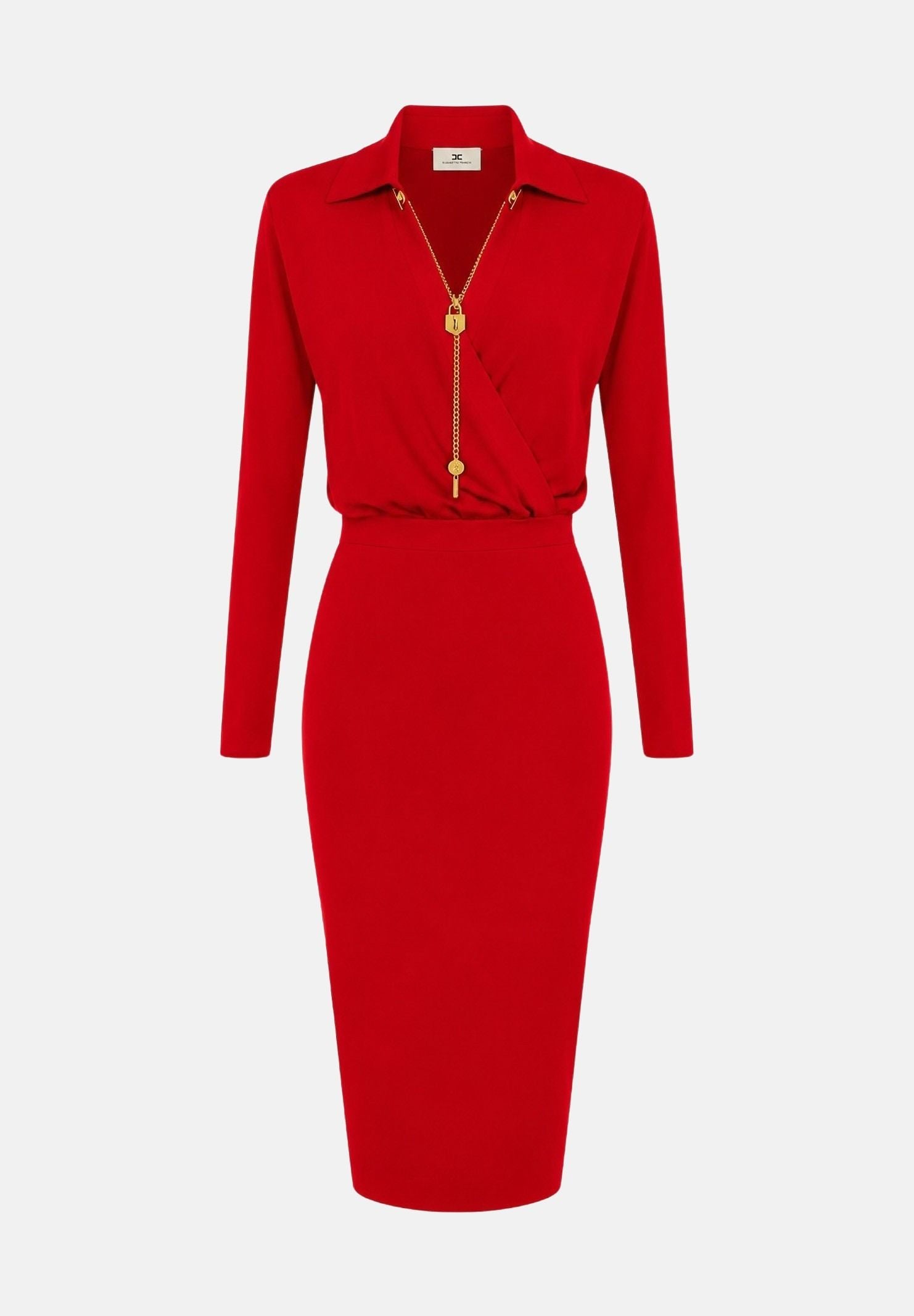ELISABETTA FRANCHI Abito midi in filato di viscosa red passion, rosso, da donna con catena gioiello<BR/> AM19S66E2 CG5 ELISABETTA FRANCHI