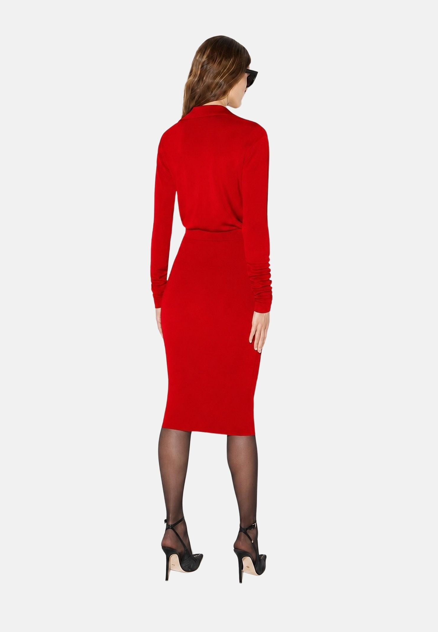 ELISABETTA FRANCHI Abito midi in filato di viscosa red passion, rosso, da donna con catena gioiello<BR/> AM19S66E2 CG5 ELISABETTA FRANCHI