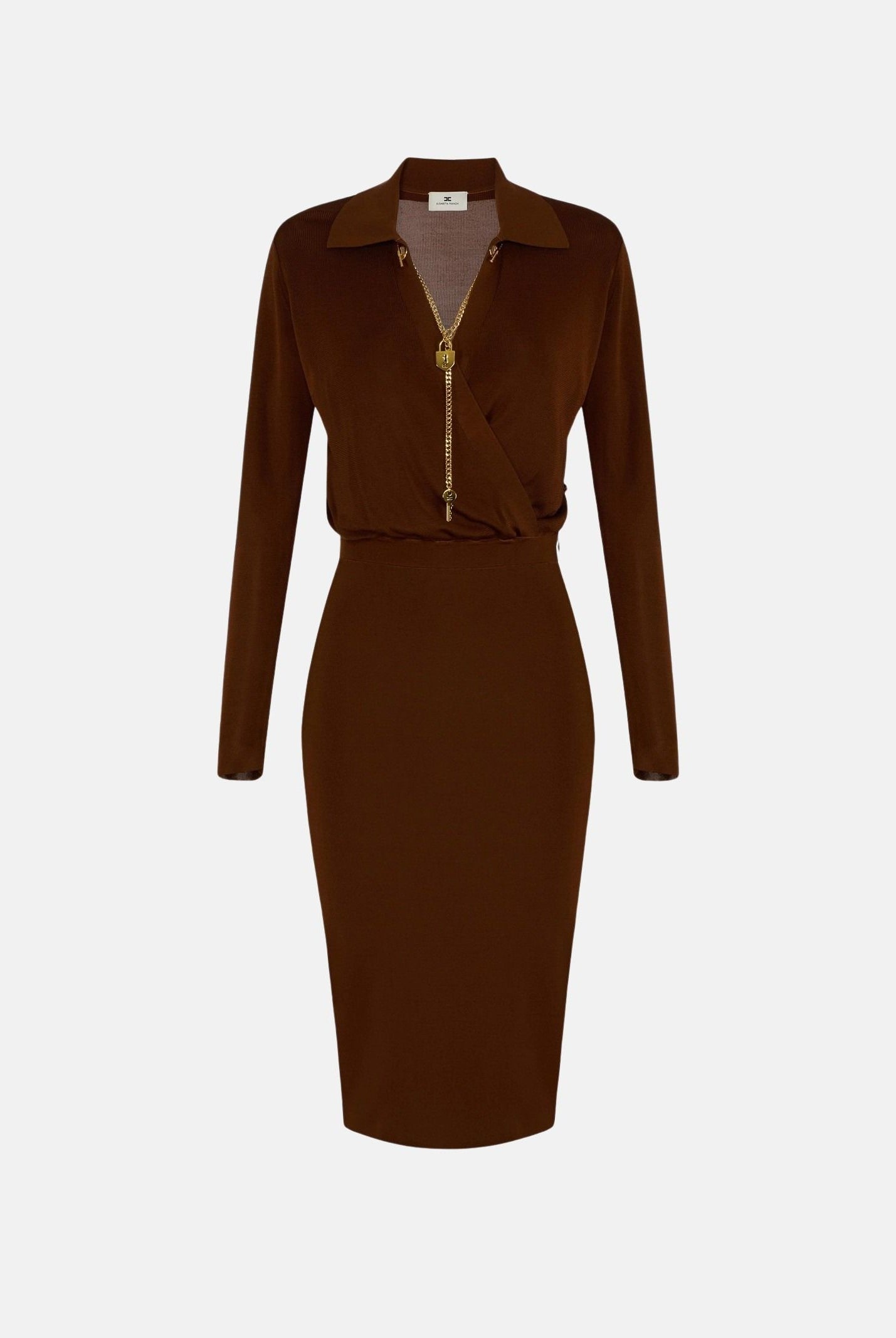 ELISABETTA FRANCHI Abito midi in viscosa sigaro-marrone da donna con catena gioiello<BR/> AM19S66E2 FK3 ELISABETTA FRANCHI
