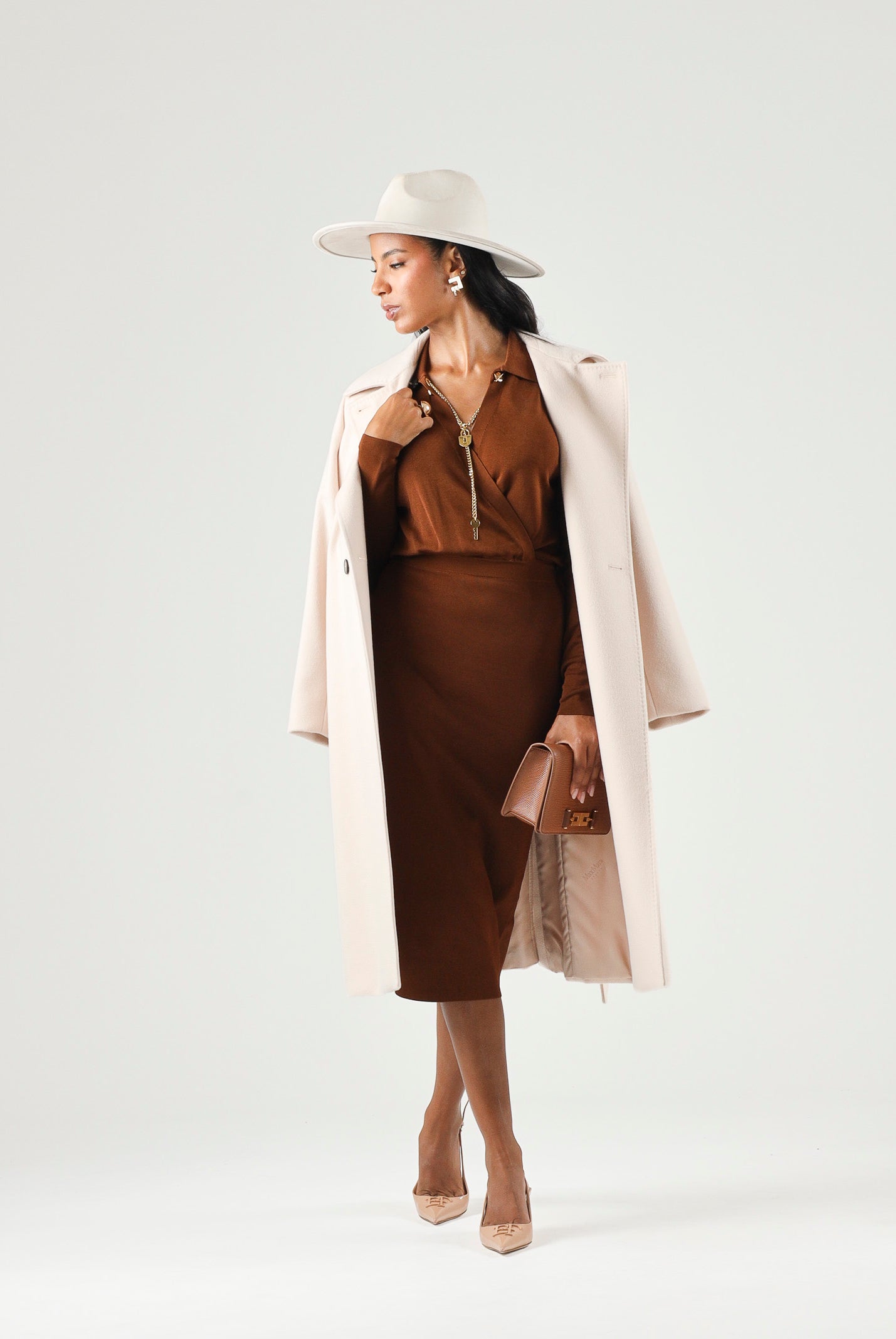 ELISABETTA FRANCHI Abito midi in viscosa sigaro-marrone da donna con catena gioiello<BR/> AM19S66E2 FK3 ELISABETTA FRANCHI