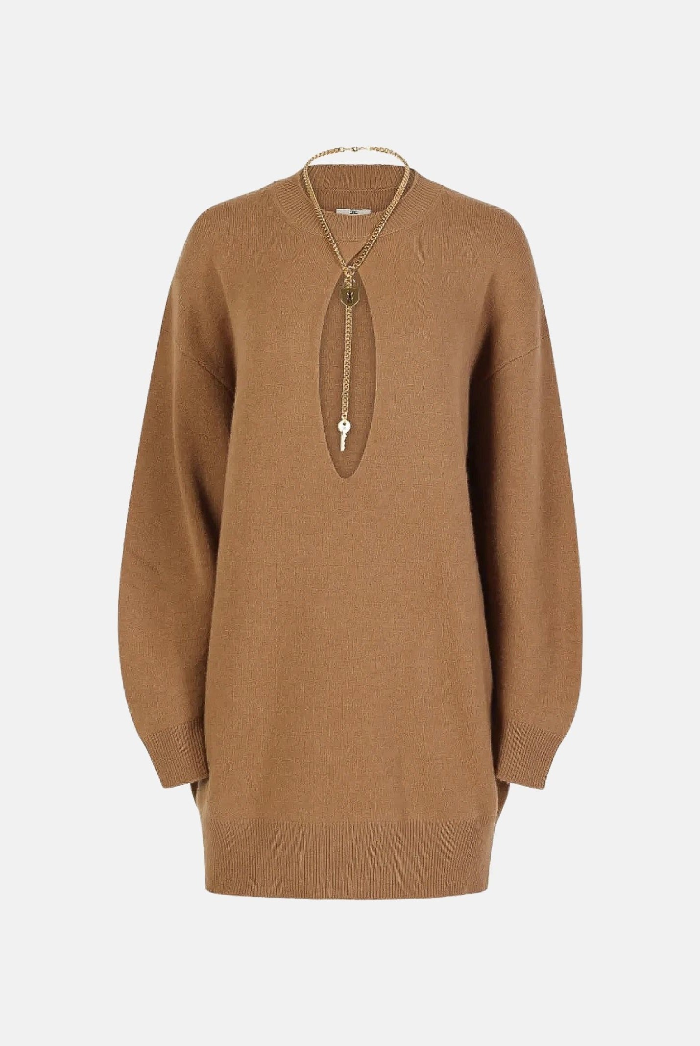 ELISABETTA FRANCHI Mini abito in maglia daino marrone da donna con dettaglio cut-out in vita.<BR/> AM23T66E2 AI6 ELISABETTA FRANCHI