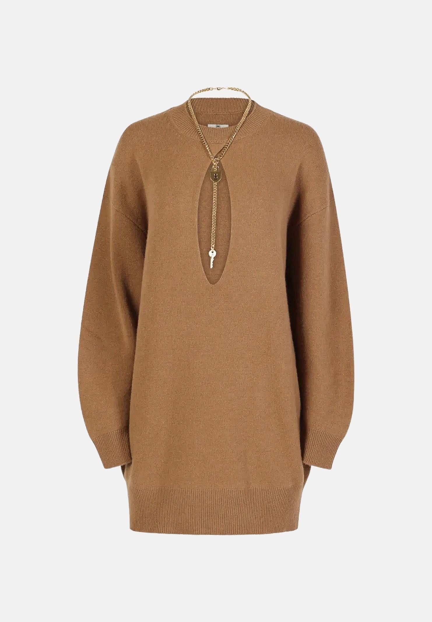 ELISABETTA FRANCHI Mini abito in maglia daino marrone da donna con dettaglio cut-out in vita.<BR/> AM23T66E2 AI6 ELISABETTA FRANCHI