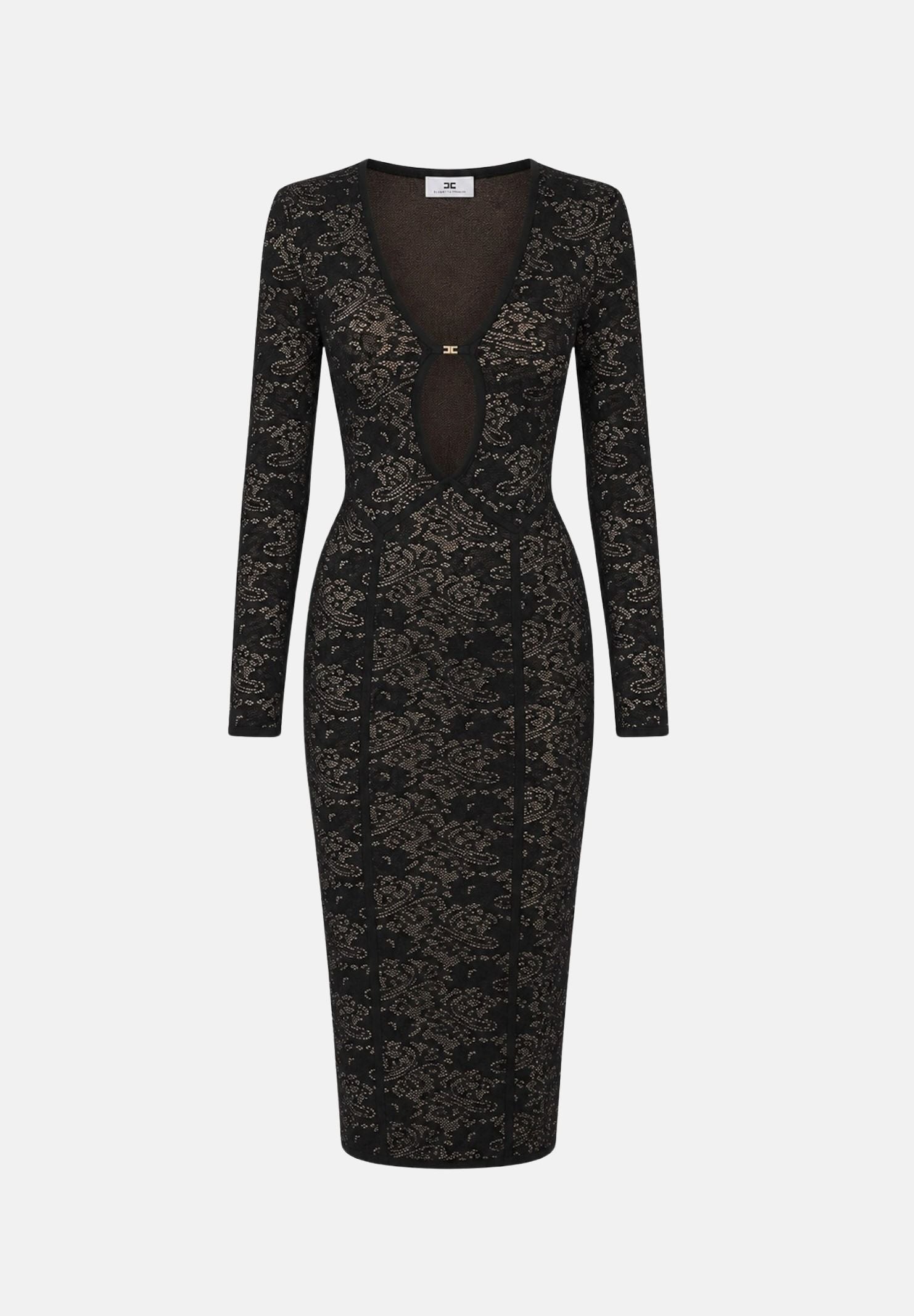 ELISABETTA FRANCHI Abito midi in maglia nero-pelle da donna con lavorazione floreale<BR/> AM26Q66E2 FR9 ELISABETTA FRANCHI