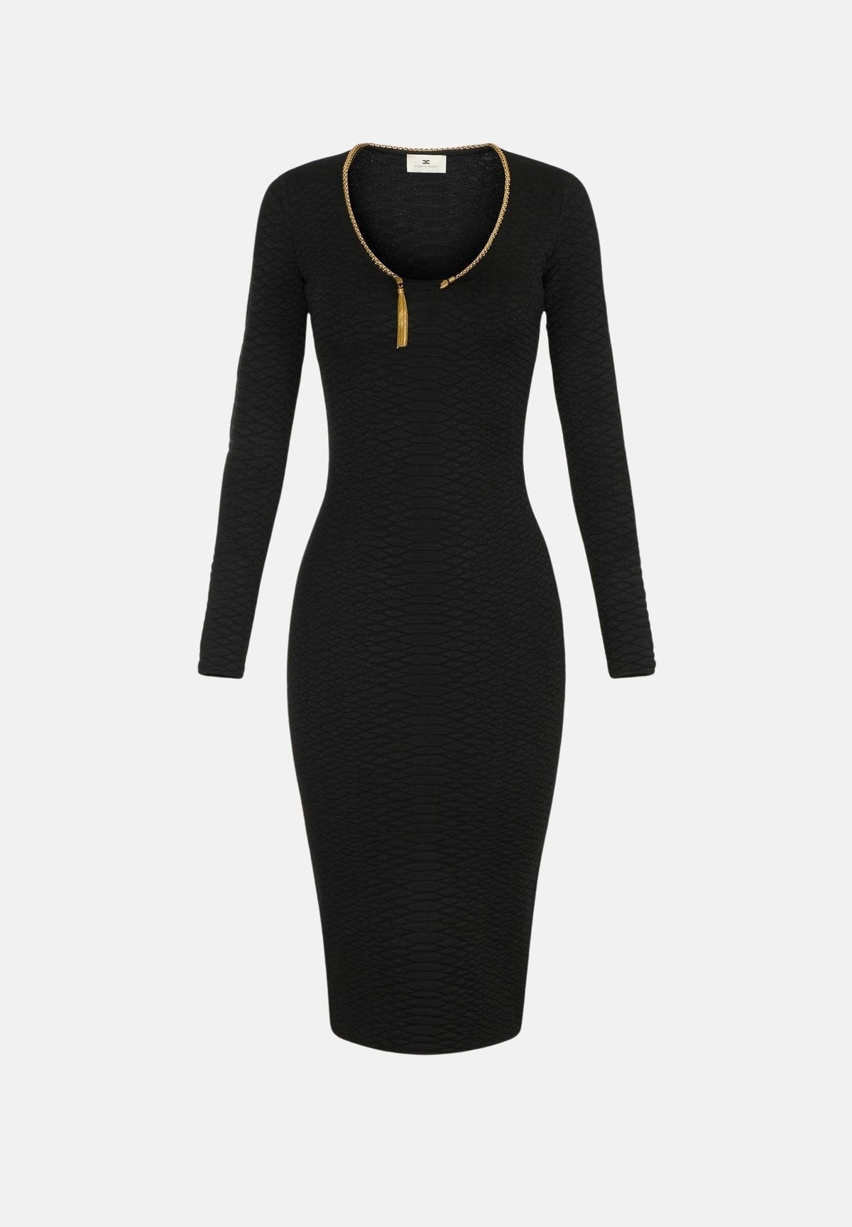 ELISABETTA FRANCHI Abito midi nero per donna con scollo rotondo e zip decorativa dorata sul petto. AM30S67E2 110 ELISABETTA FRANCHI
