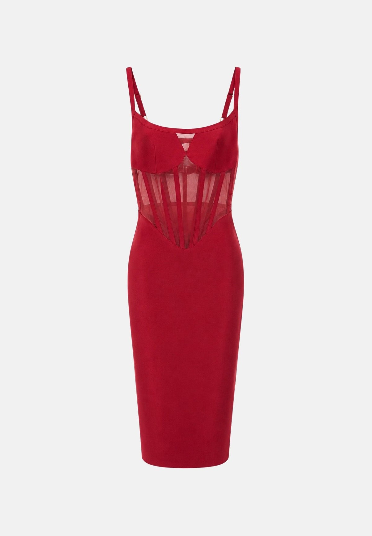 ELISABETTA FRANCHI Abito midi red passion rosso per donna con corsetto trasparente e spalline sottili. AM51S67E2 CG5 ELISABETTA FRANCHI