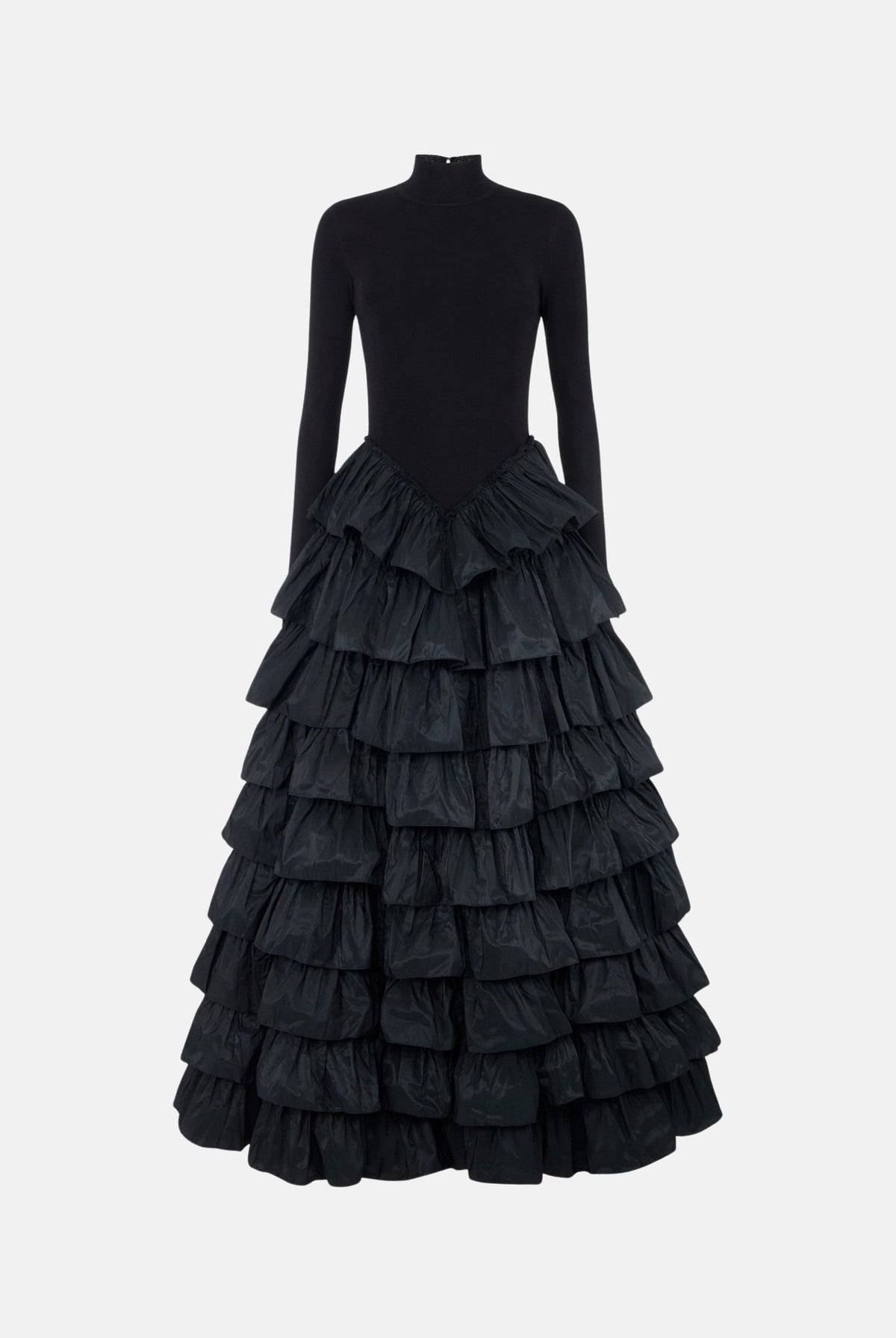 ELISABETTA FRANCHI Abito lungoo nero per donna con collo alto e gonna voluminosa a balze. AM56S67E2 110 ELISABETTA FRANCHI