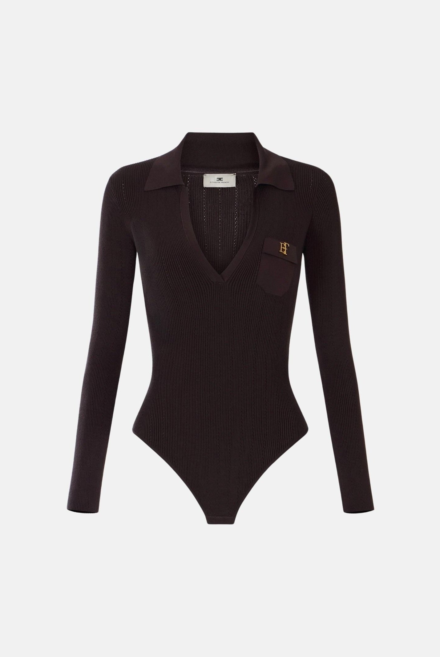 ELISABETTA FRANCHI Body OPENWORK in maglia dark choccolate-marrone da donna coon lavorazione a coste<BR/> BK02B66E2 EV9 ELISABETTA FRANCHI