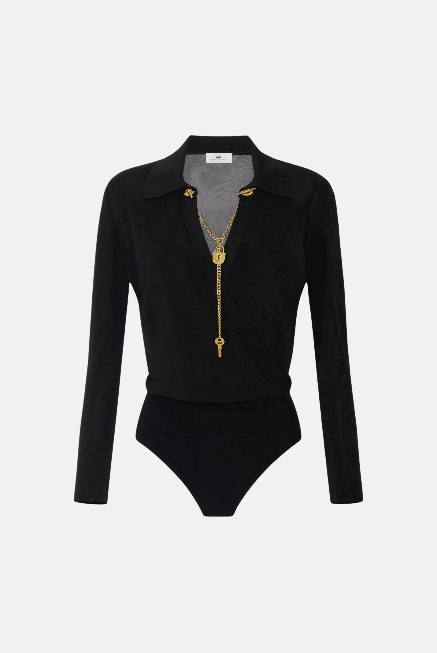 ELISABETTA FRANCHI Body in filato di viscosa nero da donna con catena gioielo<BR/> BK03S66E2 110 ELISABETTA FRANCHI