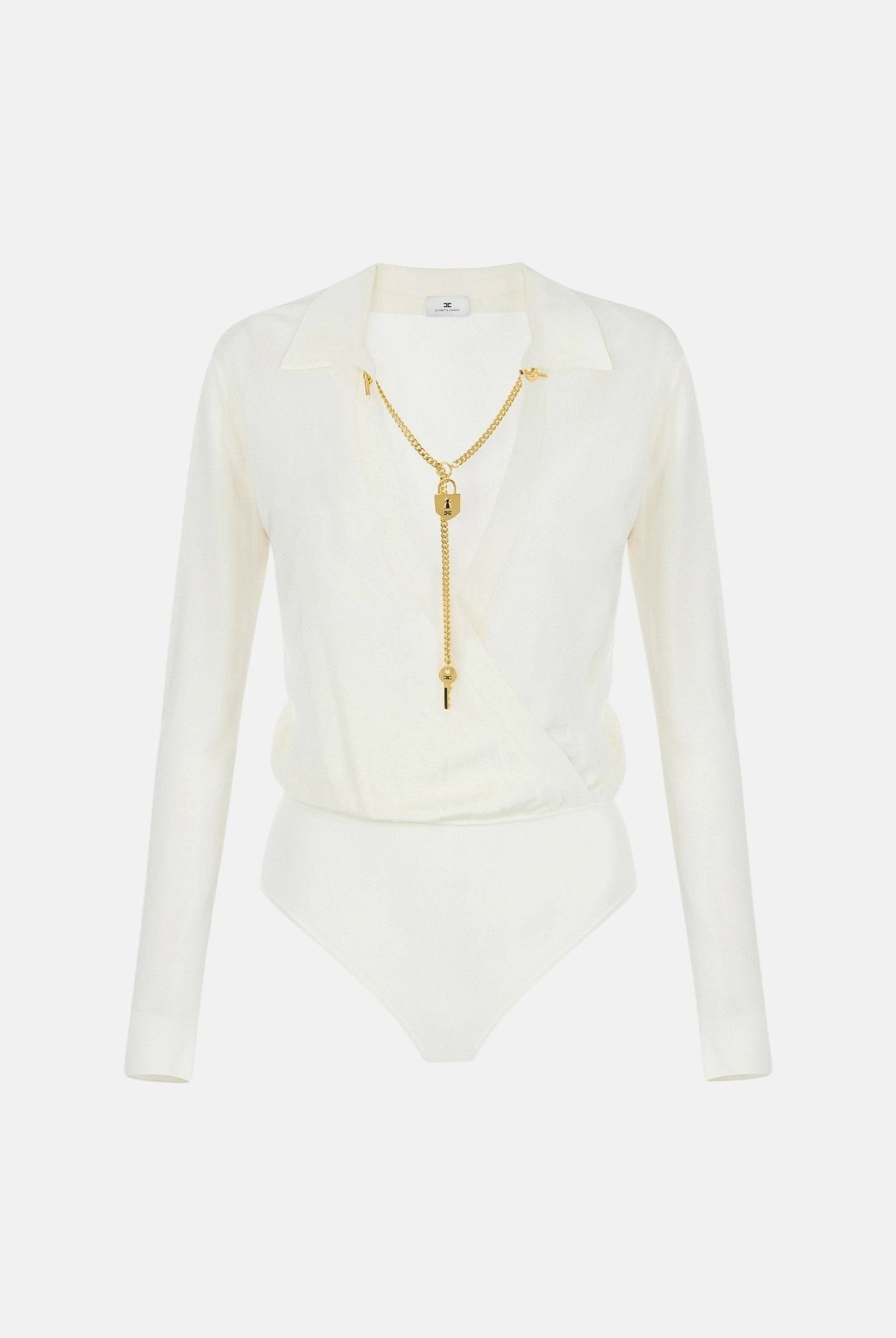 ELISABETTA FRANCHI Body in filato di viscosa burro-bianco da donna con catena gioiello<BR/> BK03S66E2 193 ELISABETTA FRANCHI