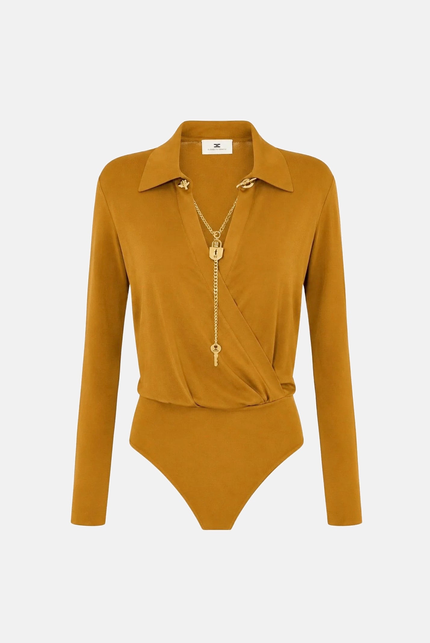 ELISABETTA FRANCHI Body in filato di viscosa ambra-giallo ocra da donna con catena gioiello<BR/> BK03S66E2 940 ELISABETTA FRANCHI