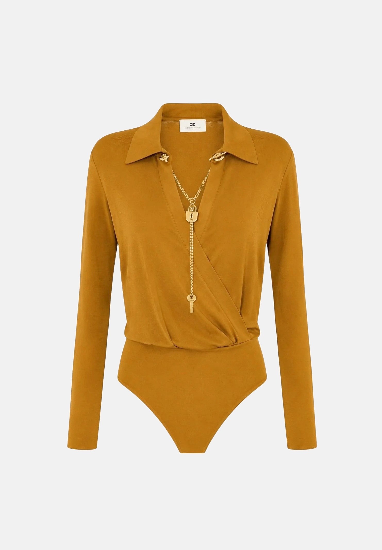 ELISABETTA FRANCHI Body in filato di viscosa ambra-giallo ocra da donna con catena gioiello<BR/> BK03S66E2 940 ELISABETTA FRANCHI