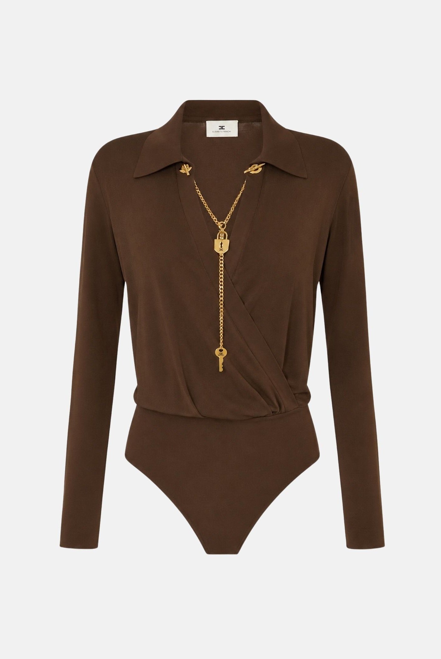 ELISABETTA FRANCHI Body in filato di viscosa sigaro-marrone da donna con catena gioiello<BR/> BK03S66E2 FK3 ELISABETTA FRANCHI