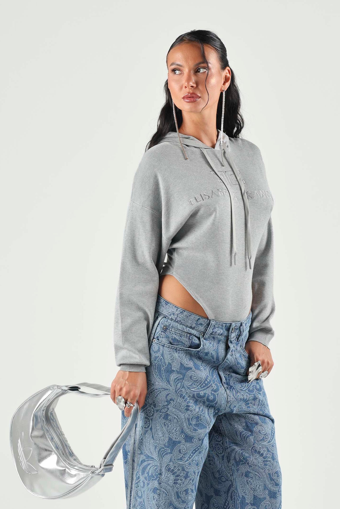 ELISABETTA FRANCHI Body in maglia grigio melange da donna con logo ricamato tono su tono BK87S66E2 431 ELISABETTA FRANCHI