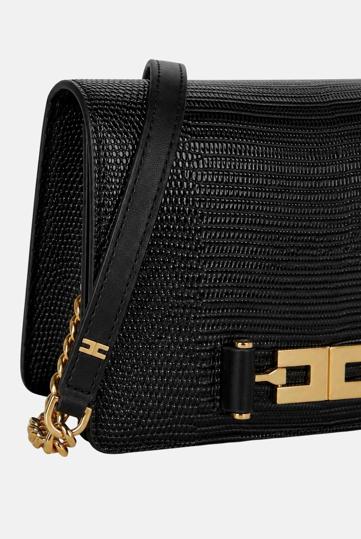 ELISABETTA FRANCHI Borsa a tracolla nera da donna con catena groumette e stampa effetto lucertola<BR/> BS09A66E2 110 ELISABETTA FRANCHI