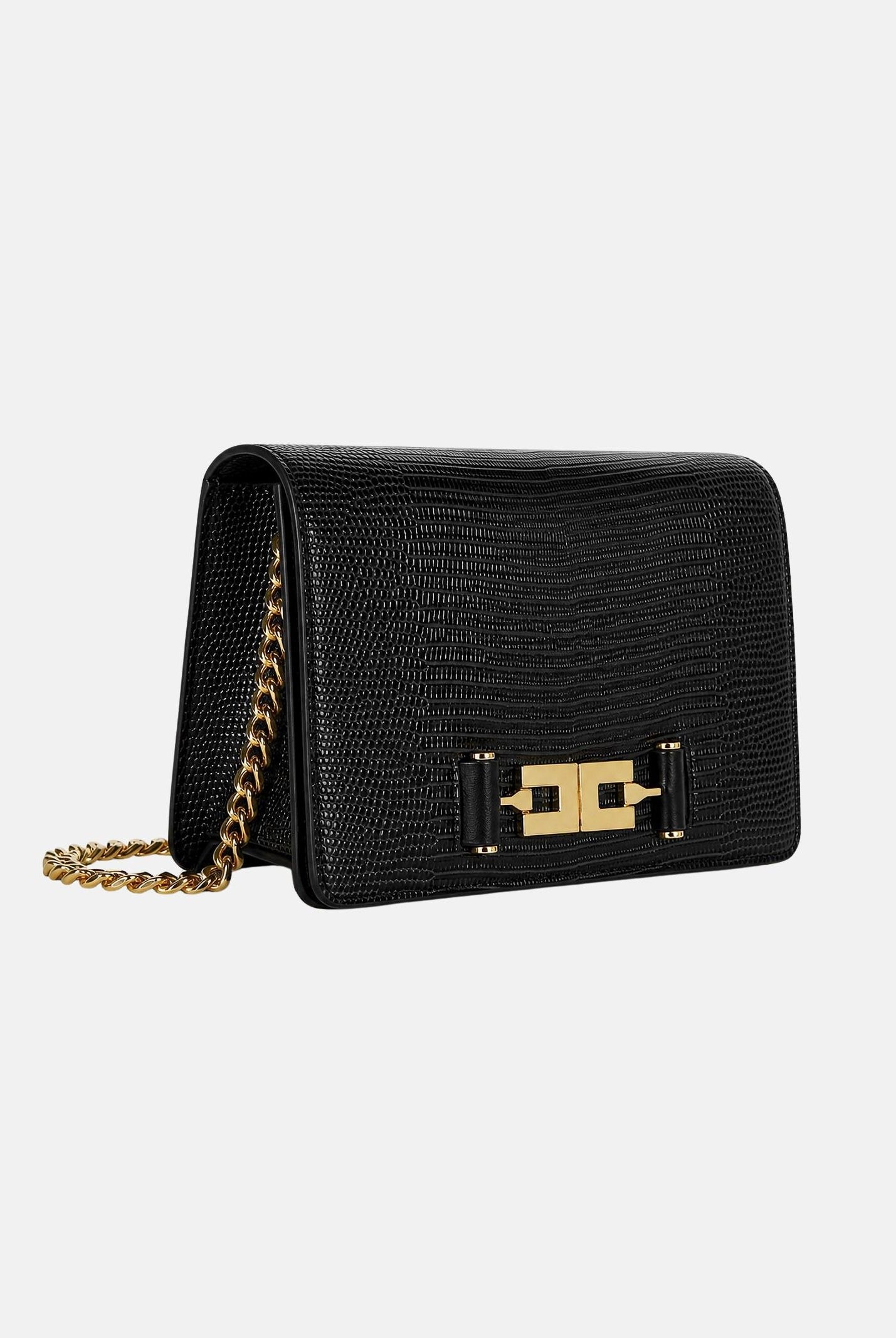 ELISABETTA FRANCHI Borsa a tracolla nera da donna con catena groumette e stampa effetto lucertola<BR/> BS09A66E2 110 ELISABETTA FRANCHI
