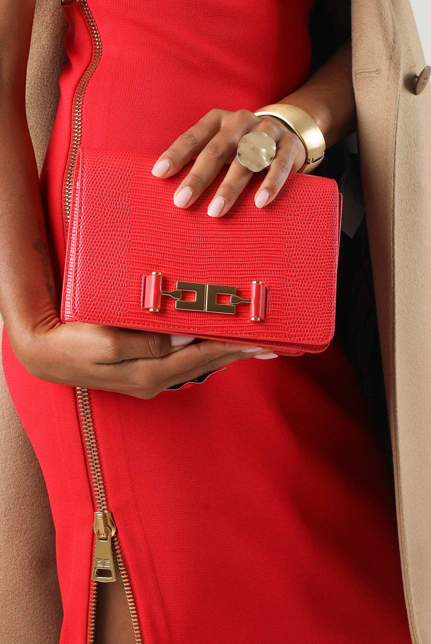 ELISABETTA FRACHI Borsa a tracolla red passion, rossa, da donna, con catena groumette e stampa effetto lucertola BS09A66E2 CG5 ELISABETTA FRANCHI