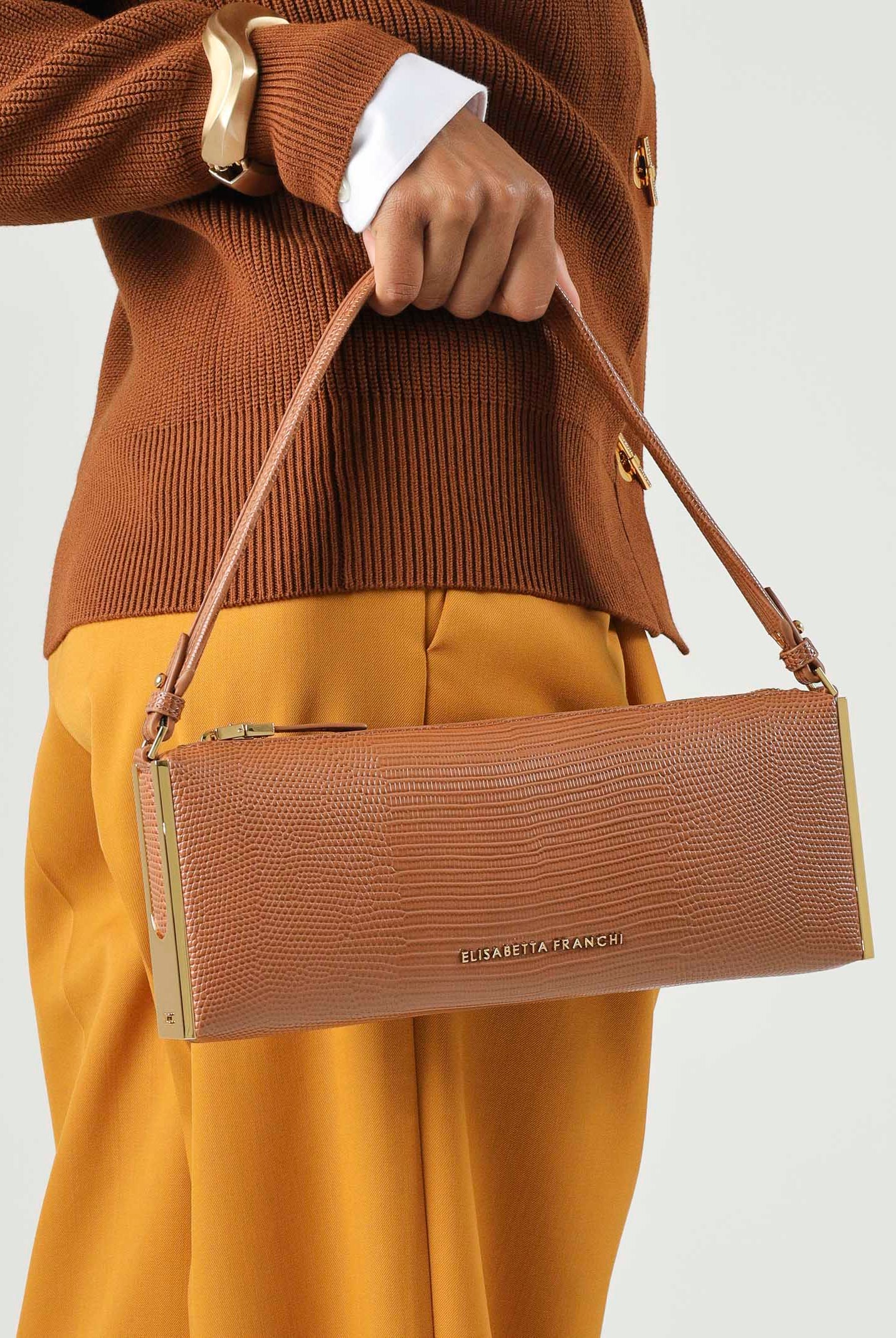 ELISABETTA FRANCHI Borsa a spalla sigaro-marrone da donna con stampa lucertola BS15A66E2 FK3 ELISABETTA FRANCHI