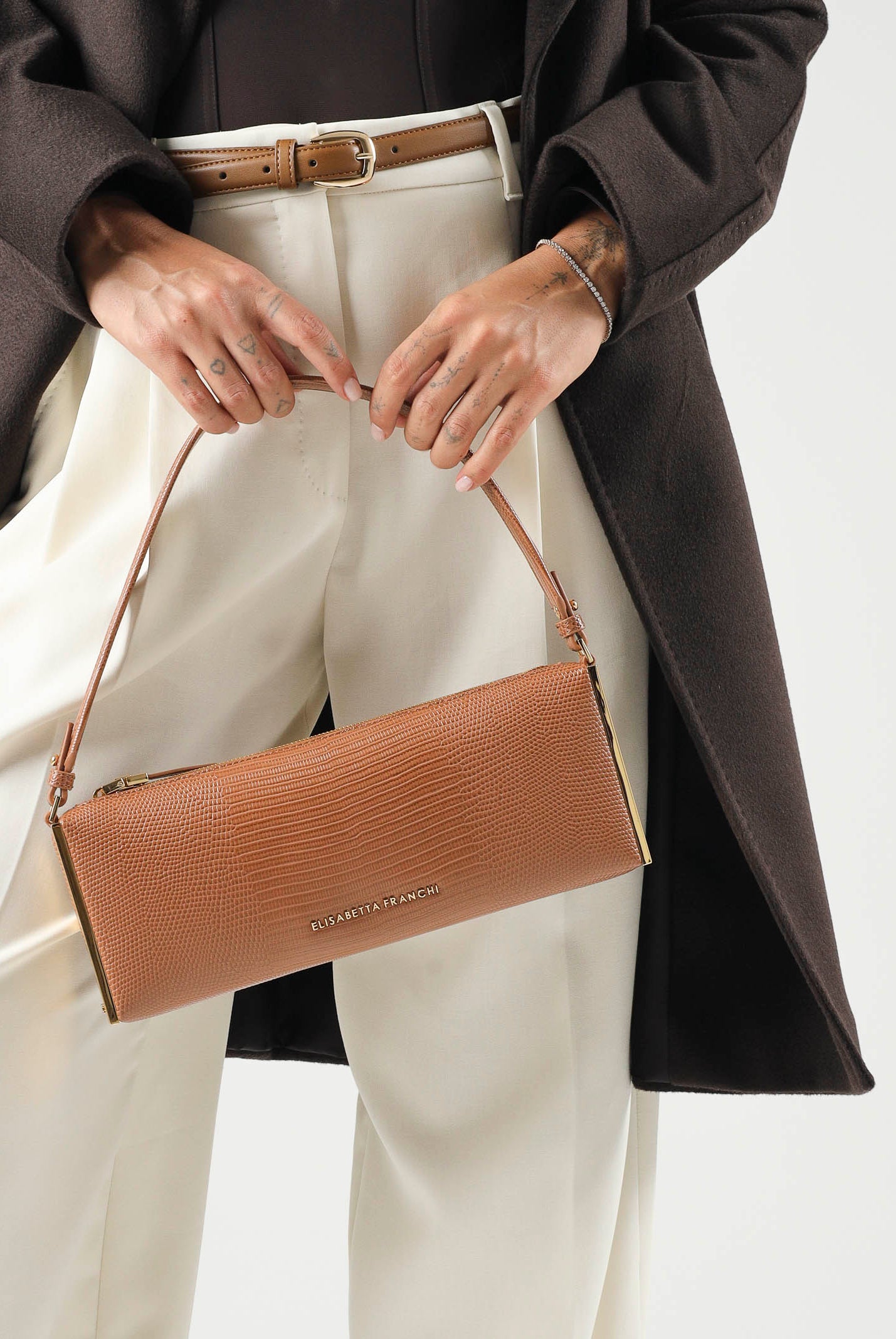 ELISABETTA FRANCHI Borsa a spalla sigaro-marrone da donna con stampa lucertola BS15A66E2 FK3 ELISABETTA FRANCHI
