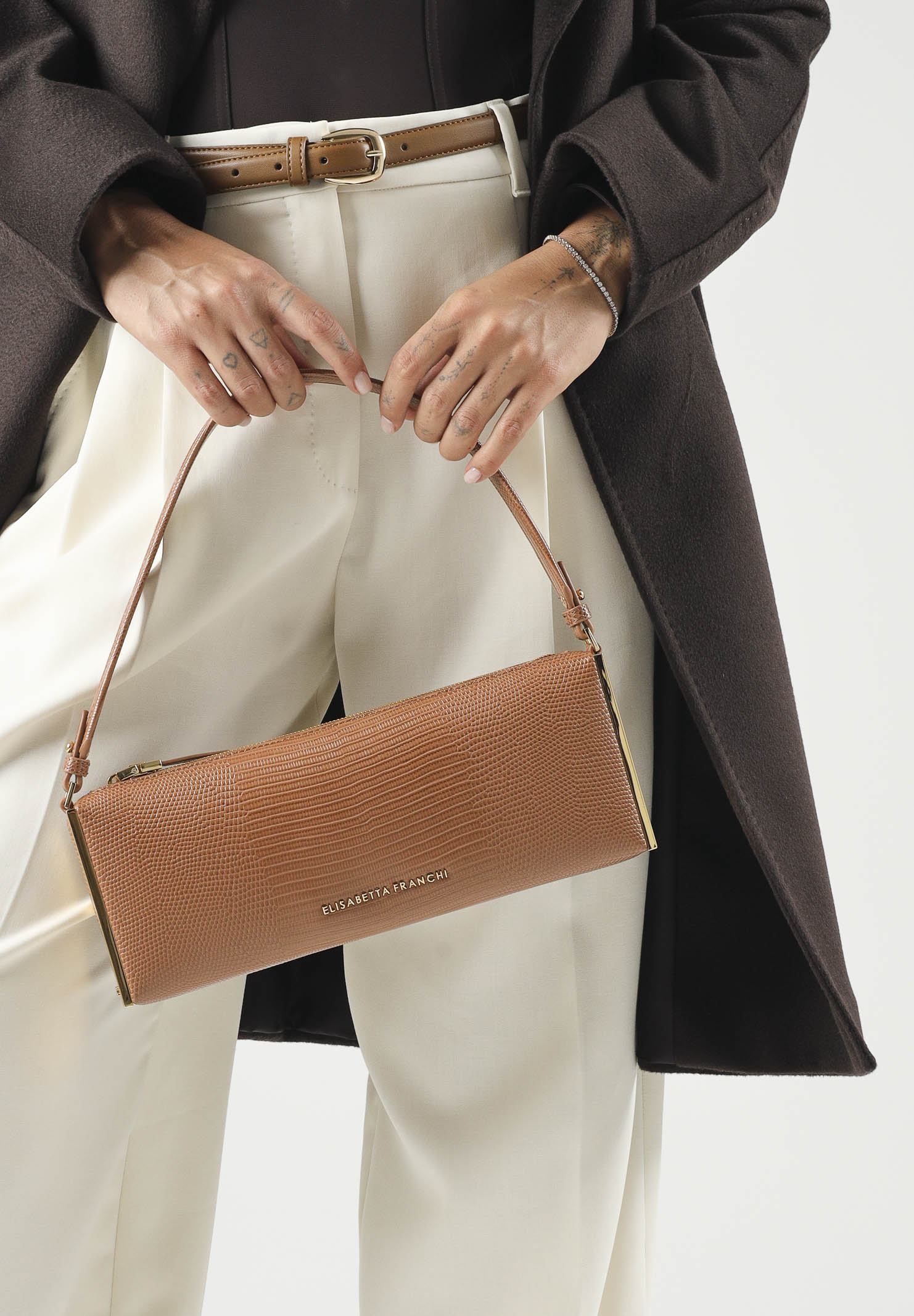 ELISABETTA FRANCHI Borsa a spalla sigaro-marrone da donna con stampa lucertola BS15A66E2 FK3 ELISABETTA FRANCHI
