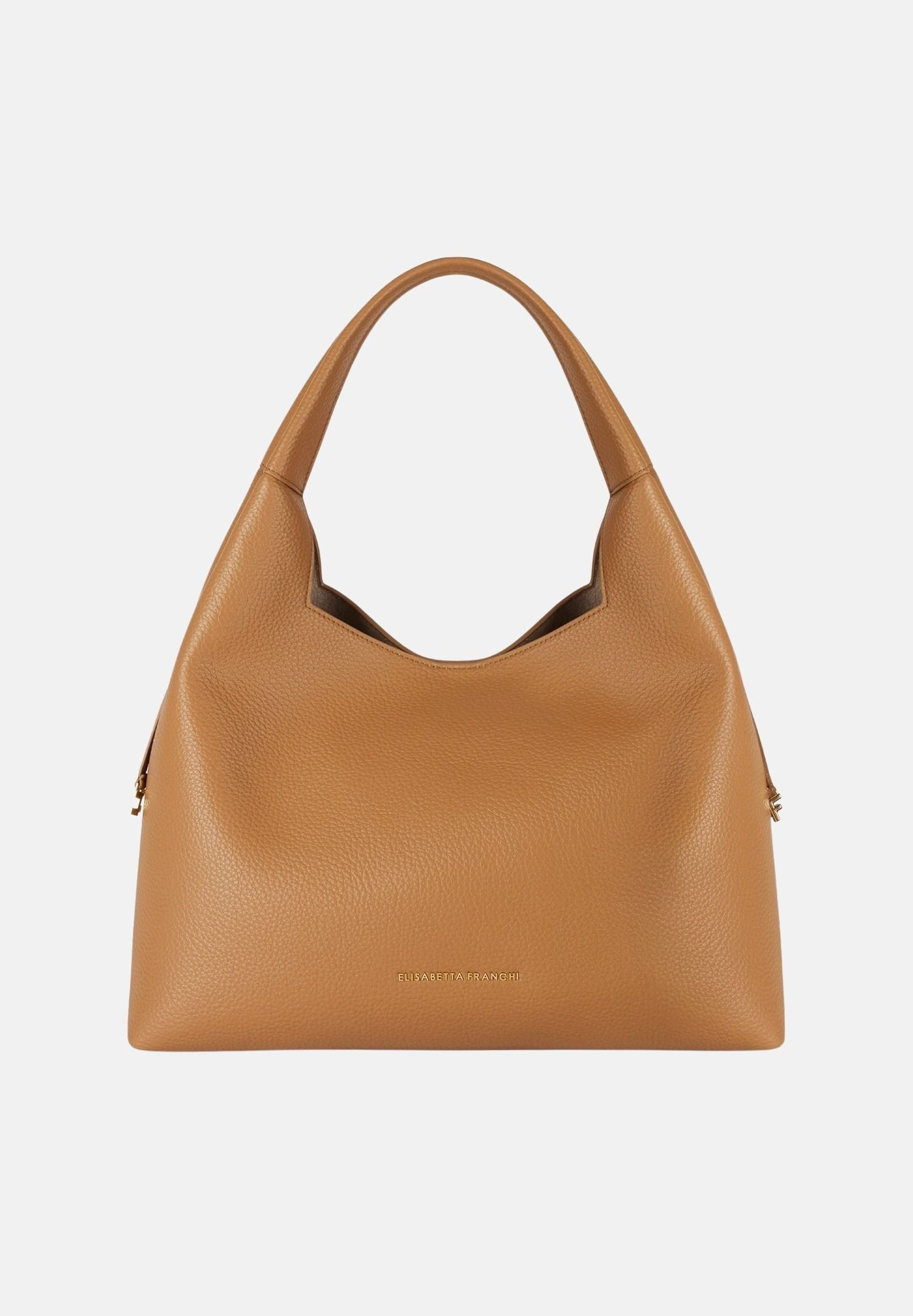 ELISABETTA FRANCHI Borsa HOBO a spalla daino-cuoio, da donna con zip laterali e charms logo pendenti.<BR/> BS23A66E2 AI6 ELISABETTA FRANCHI